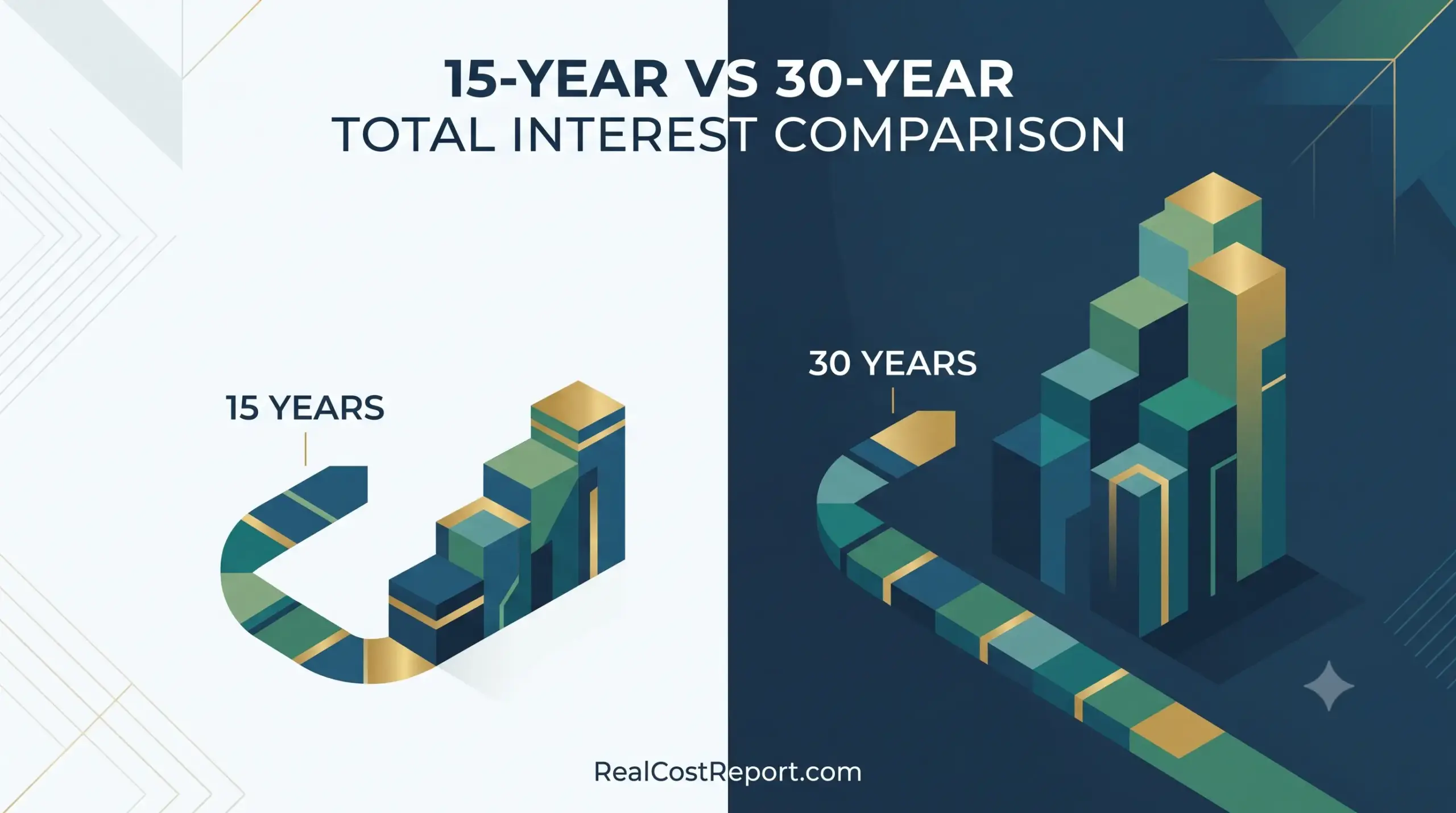 A modern geometric illustration comparing 15-year and 30-year total interest, showing a much larger accumulation over the longer period.