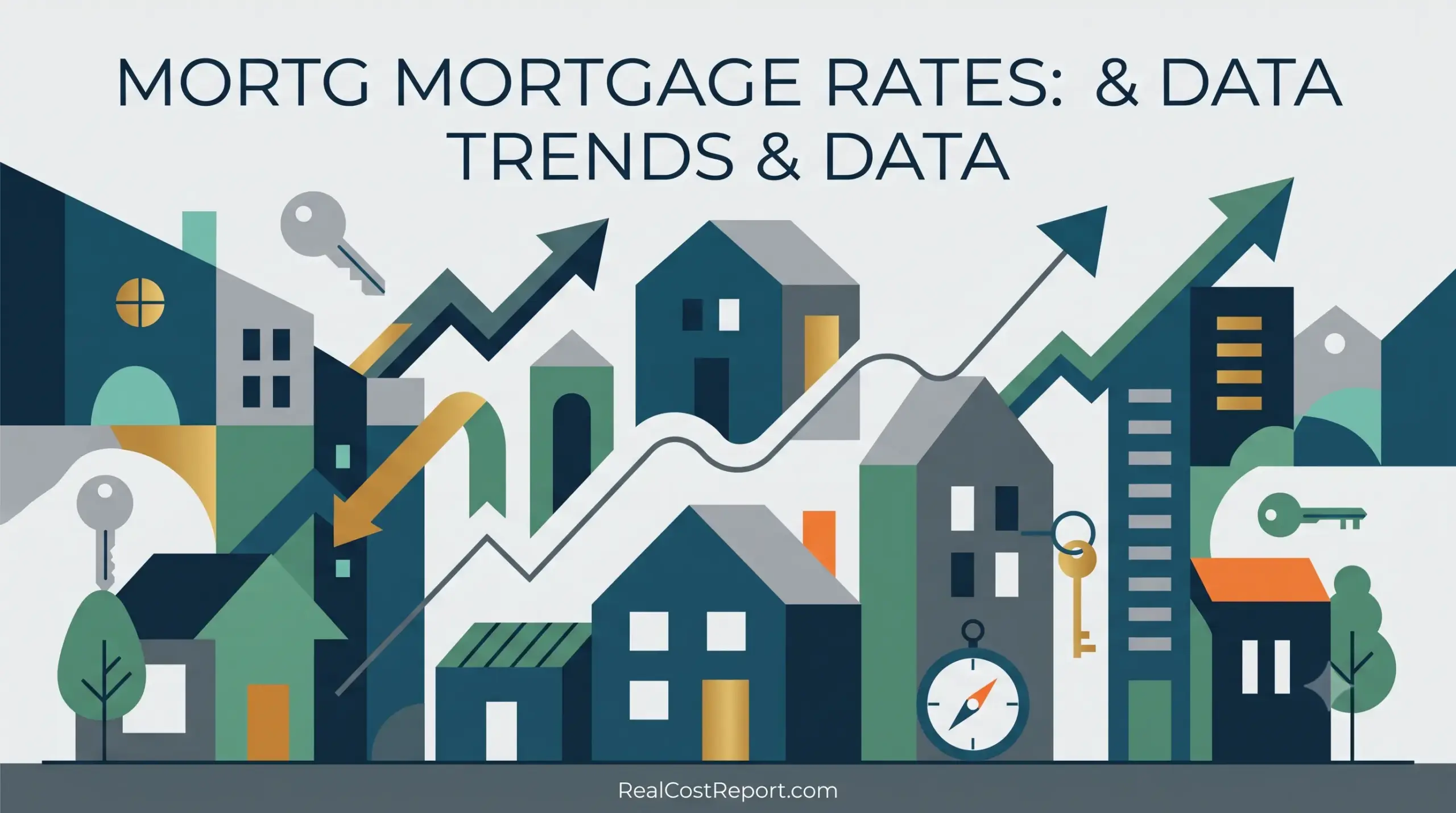 Flat geometric illustration of stylized houses, arrows, and trend lines representing 30-year fixed mortgage rates. RealCostReport.com footer.