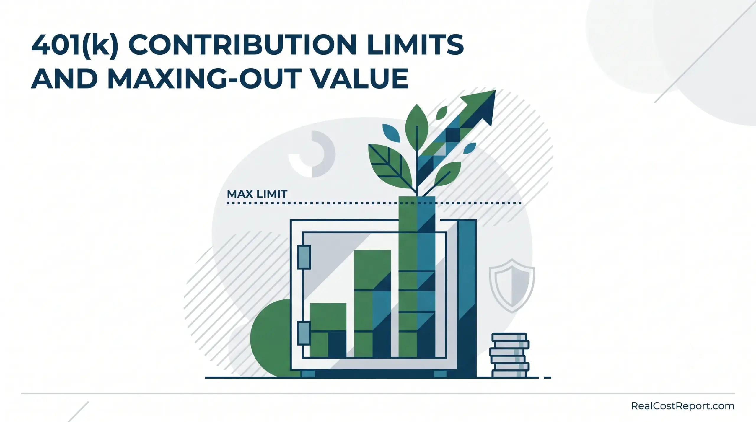 Flat vector illustration of bar graphs inside a safe, representing maxed-out 401(k) contributions with growing leaves and an arrow.