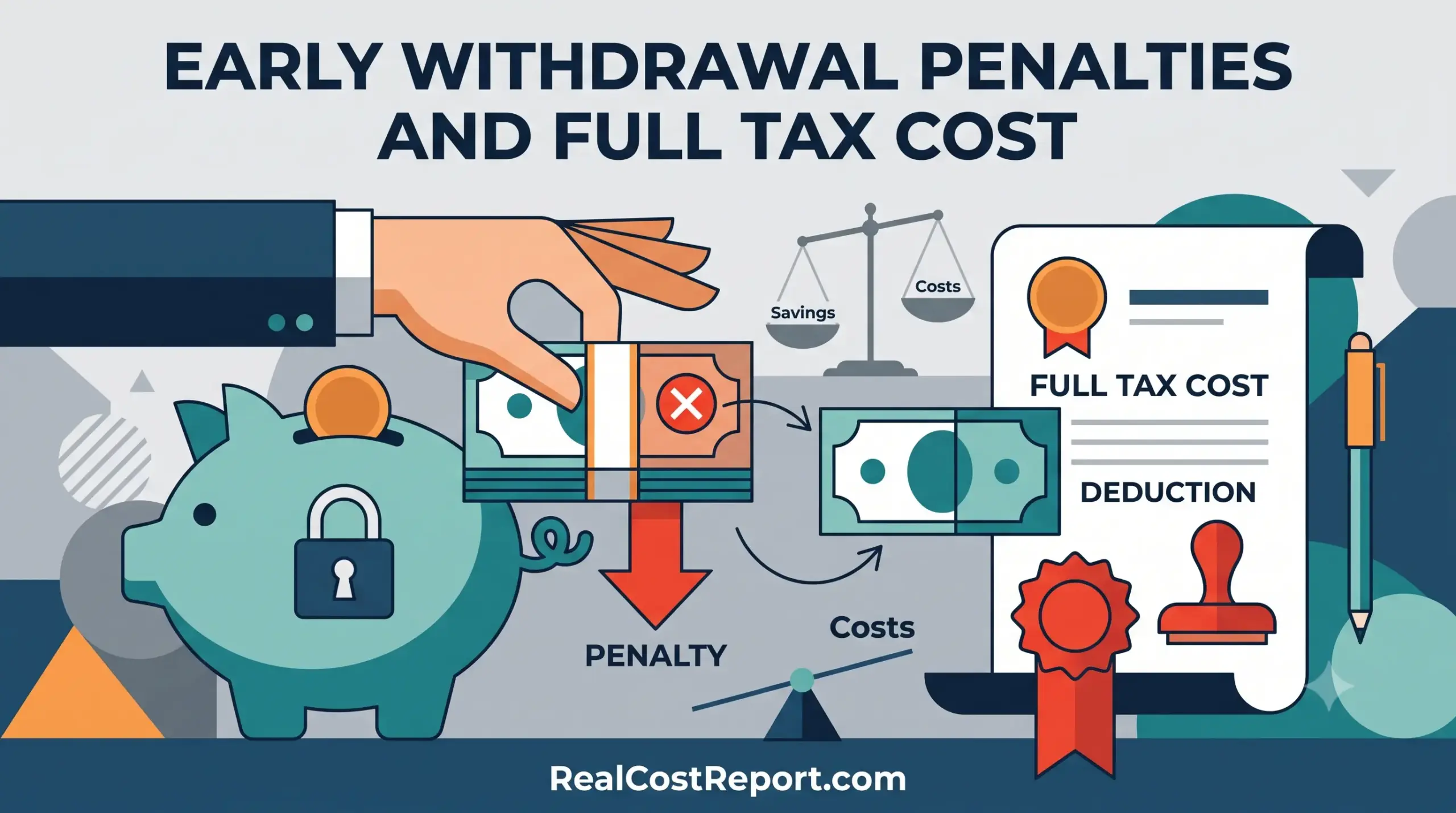 A vector illustration with the headline "Early withdrawal penalties and full tax cost." A hand removes cash from a locked piggy bank, labeled with a penalty arrow, alongside a tax cost document. RealCostReport.com is visible.