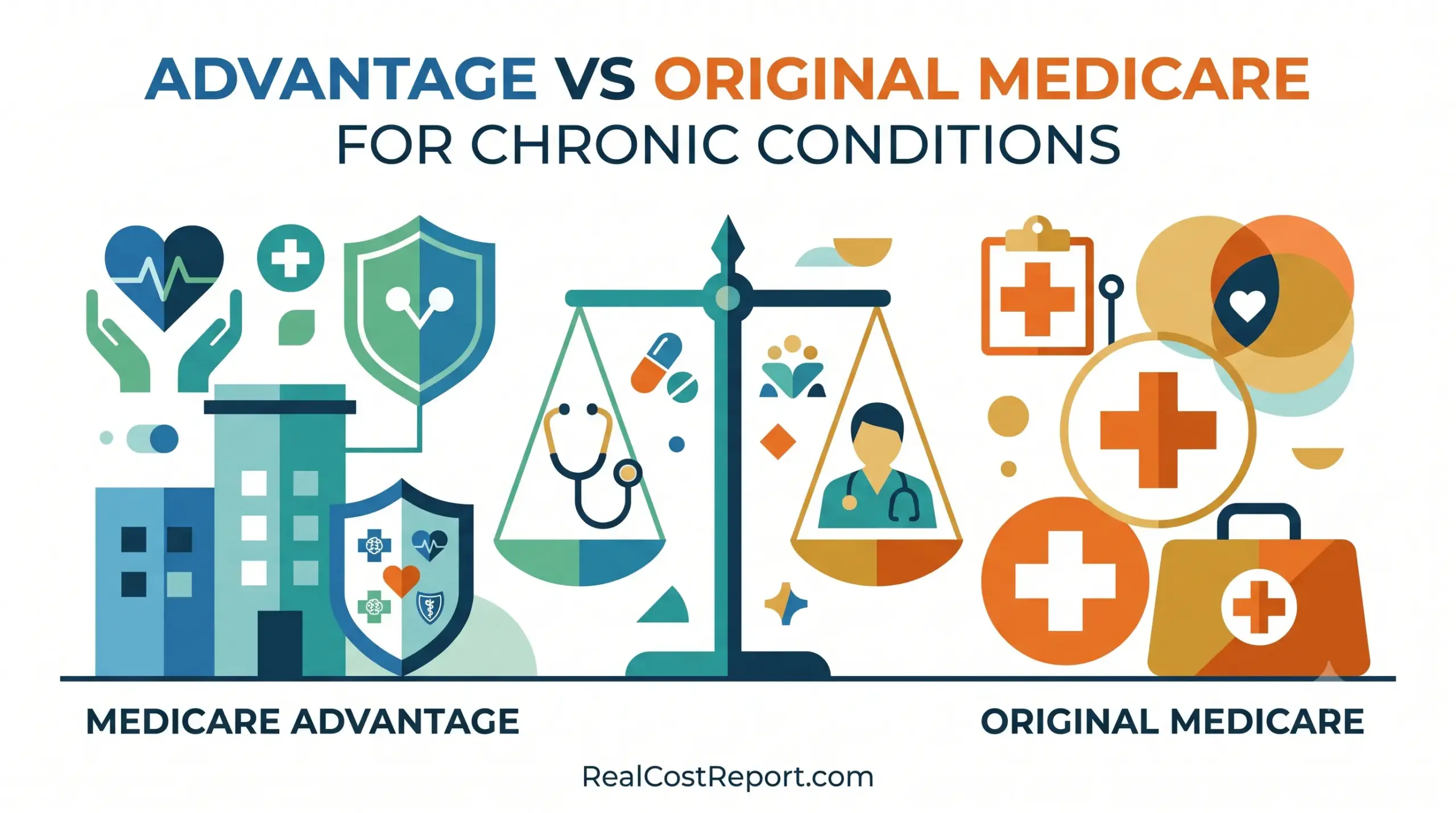 A clean vector illustration featuring a balanced scale comparing medical icons and services for Advantage versus Original Medicare.