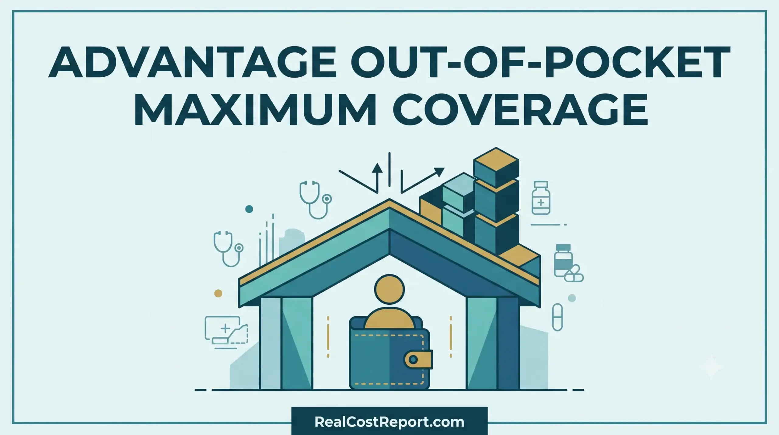 A modern geometric illustration showing a protective roof over a wallet and medical icons, representing healthcare coverage limits.