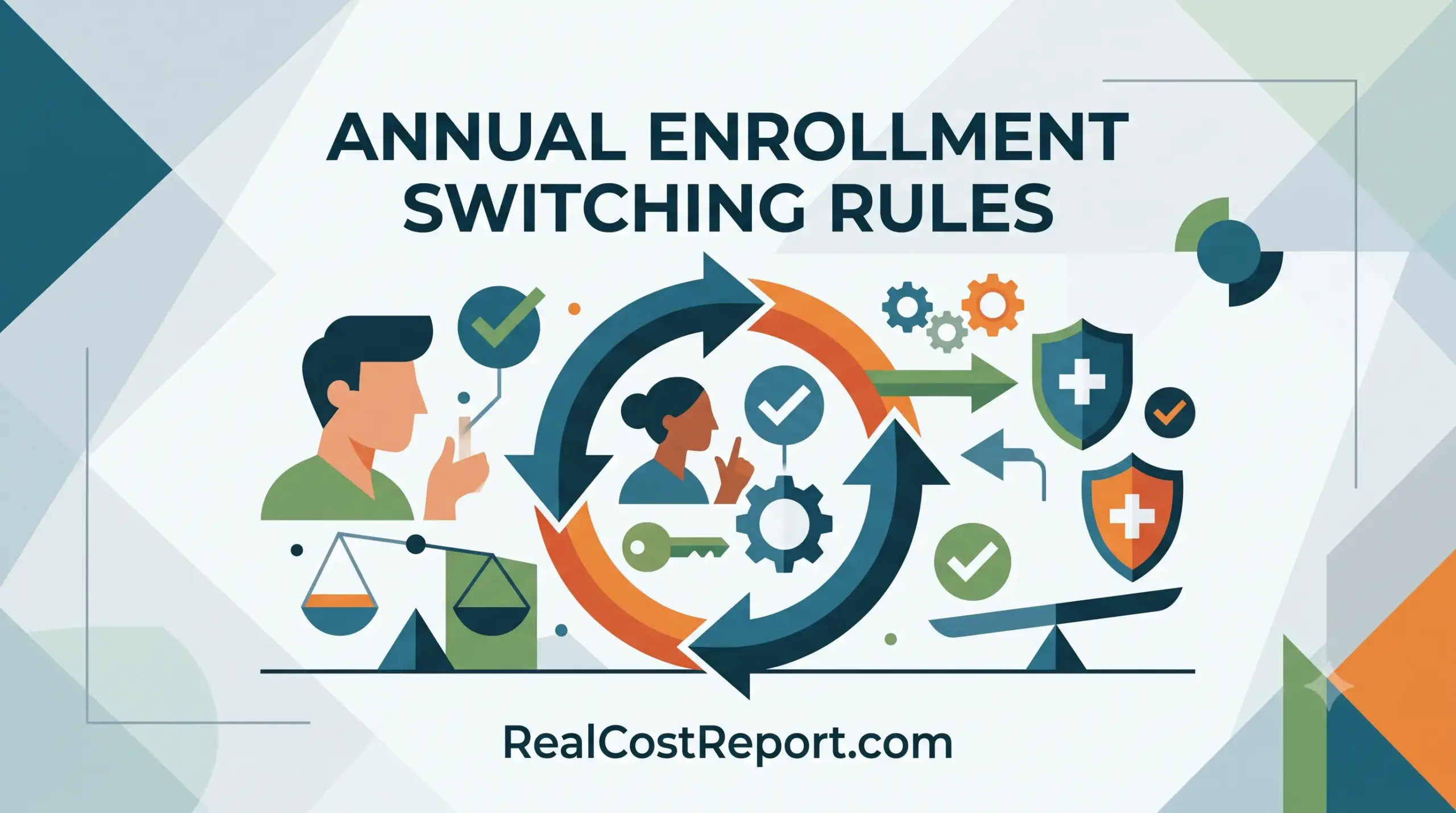 A modern vector illustration showing abstract figures, medical shields, and scales connected by arrows, representing health enrollment rules.