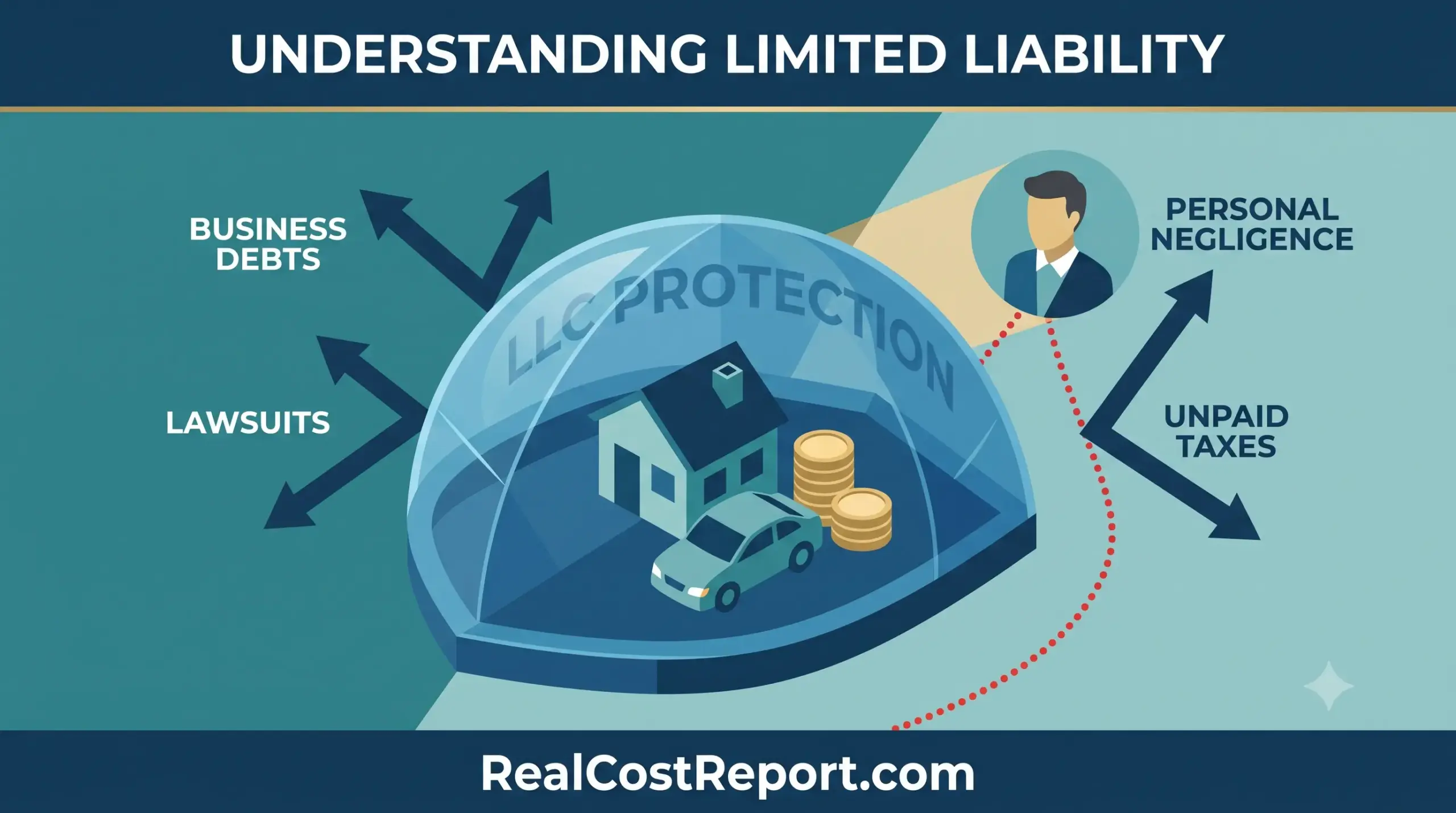 A vector illustration with a protective dome over personal assets like a house and car, deflecting arrows labeled "Business Debts" and "Lawsuits." External risks like "Unpaid Taxes" are also shown.