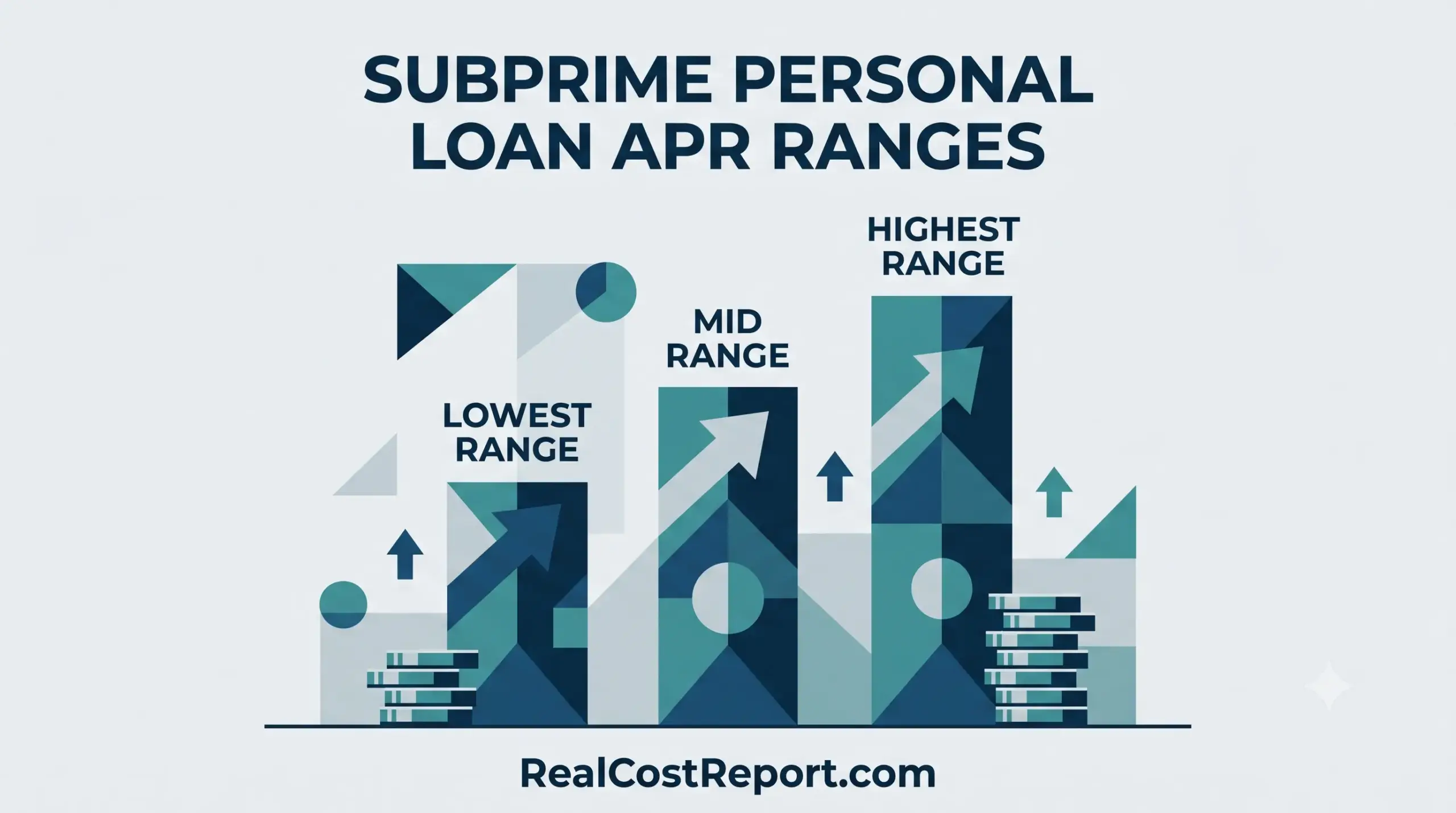 Geometric bar chart illustration showing rising 'Lowest', 'Mid', and 'Highest' ranges for subprime loans in blue-green tones.