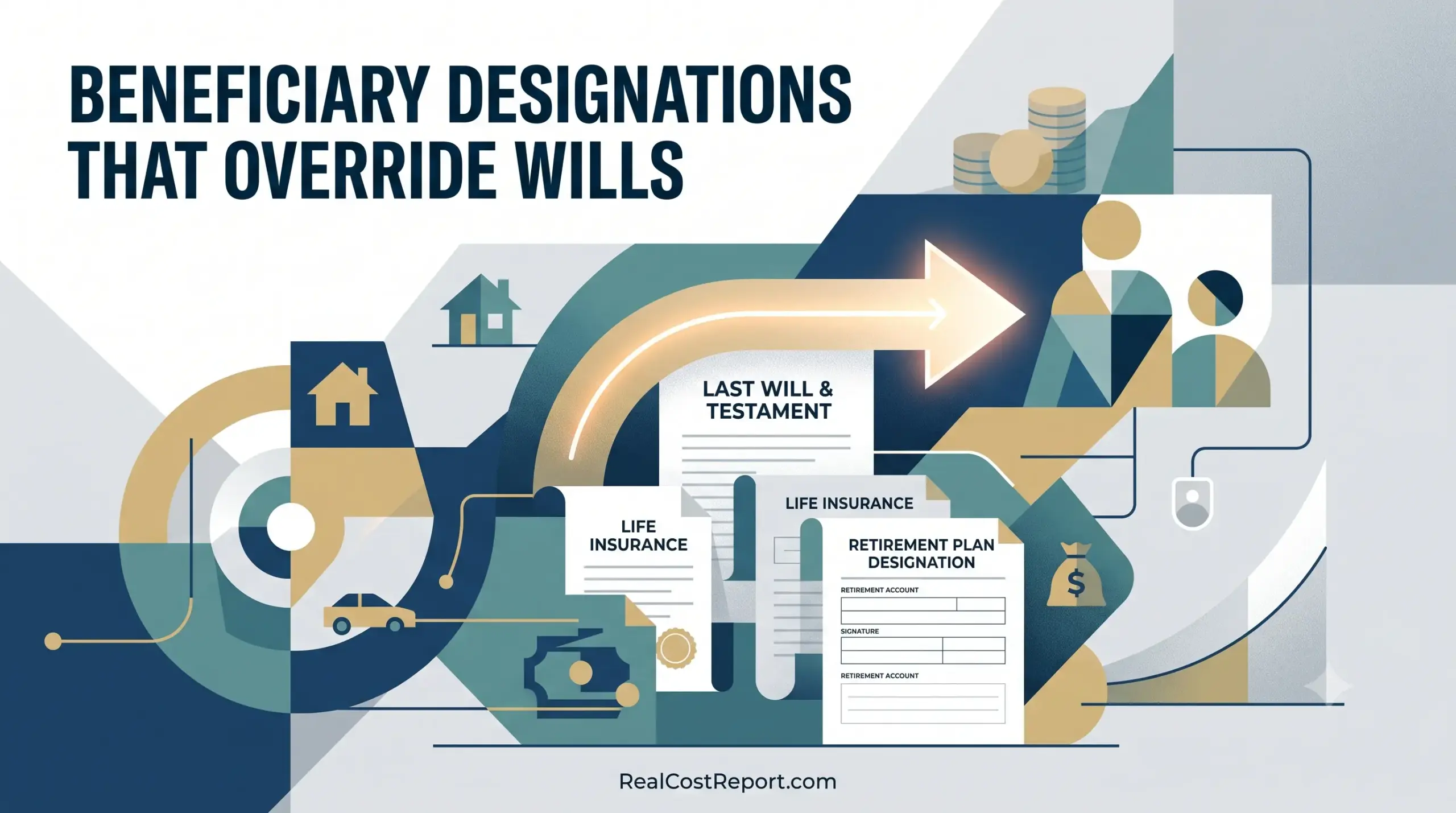 A geometric vector illustration showing documents and abstract figures, illustrating the concept of beneficiary designations overriding a will.
