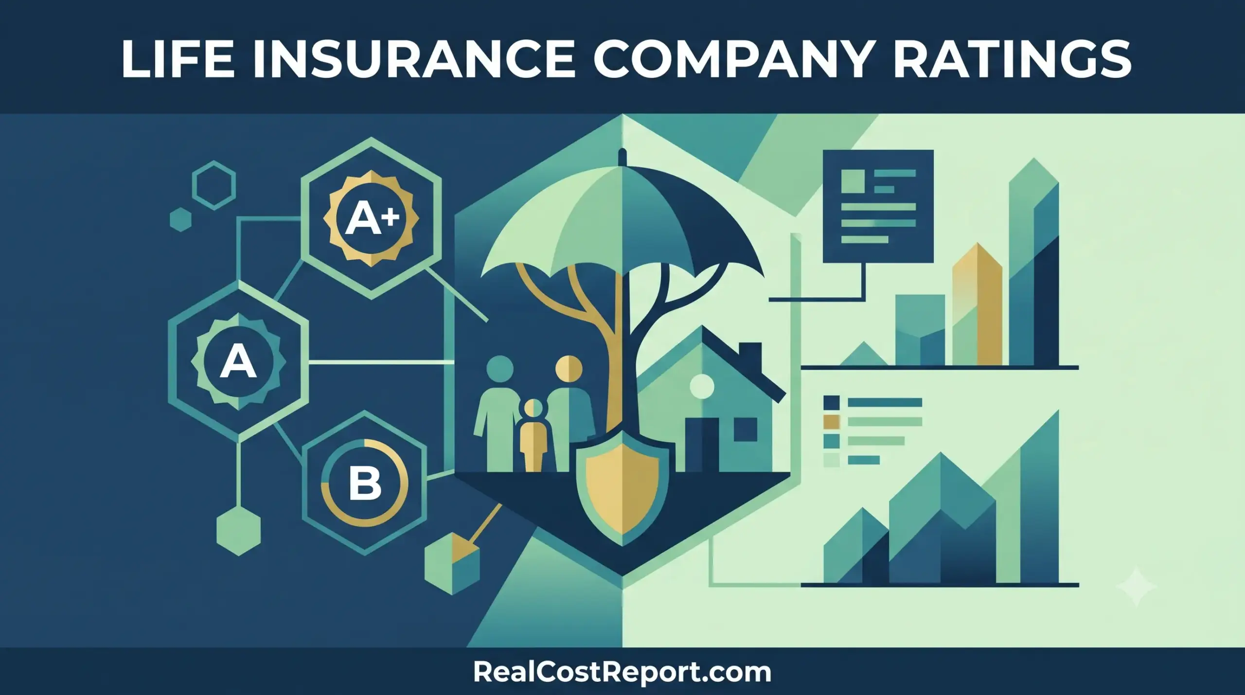 Modern geometric vector illustration representing life insurance with stylized protection icons, company rating labels (A+, A, B), and bar graphs without specific numbers on a professional blue and green background.