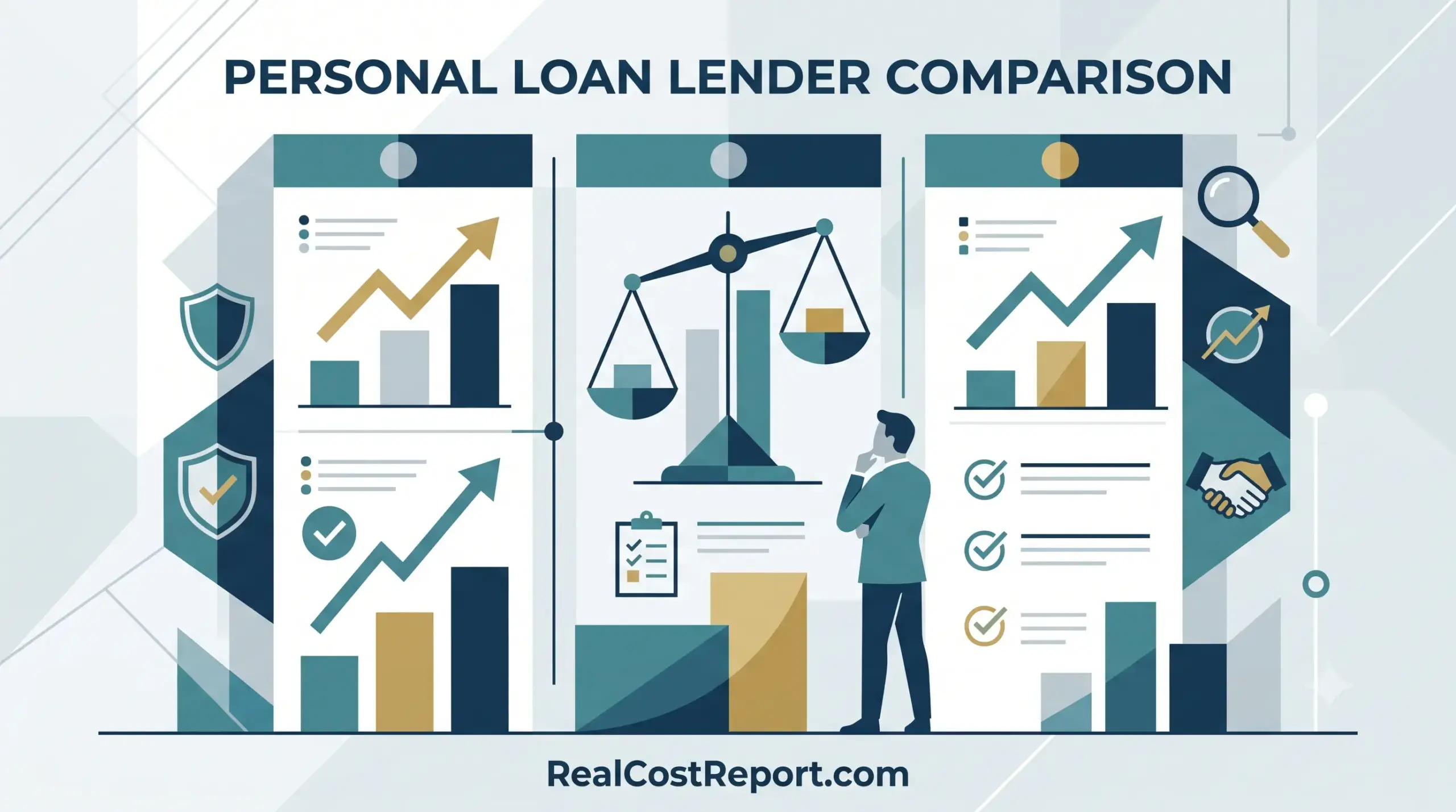 A flat geometric illustration showing a person comparing different loan options with charts and a scale. RealCostReport.com.