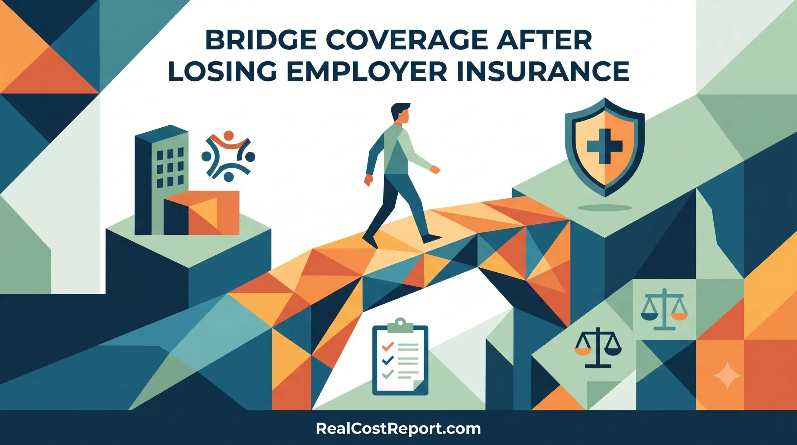 A vector illustration of a person walking across a bridge from an office building to a health insurance shield.