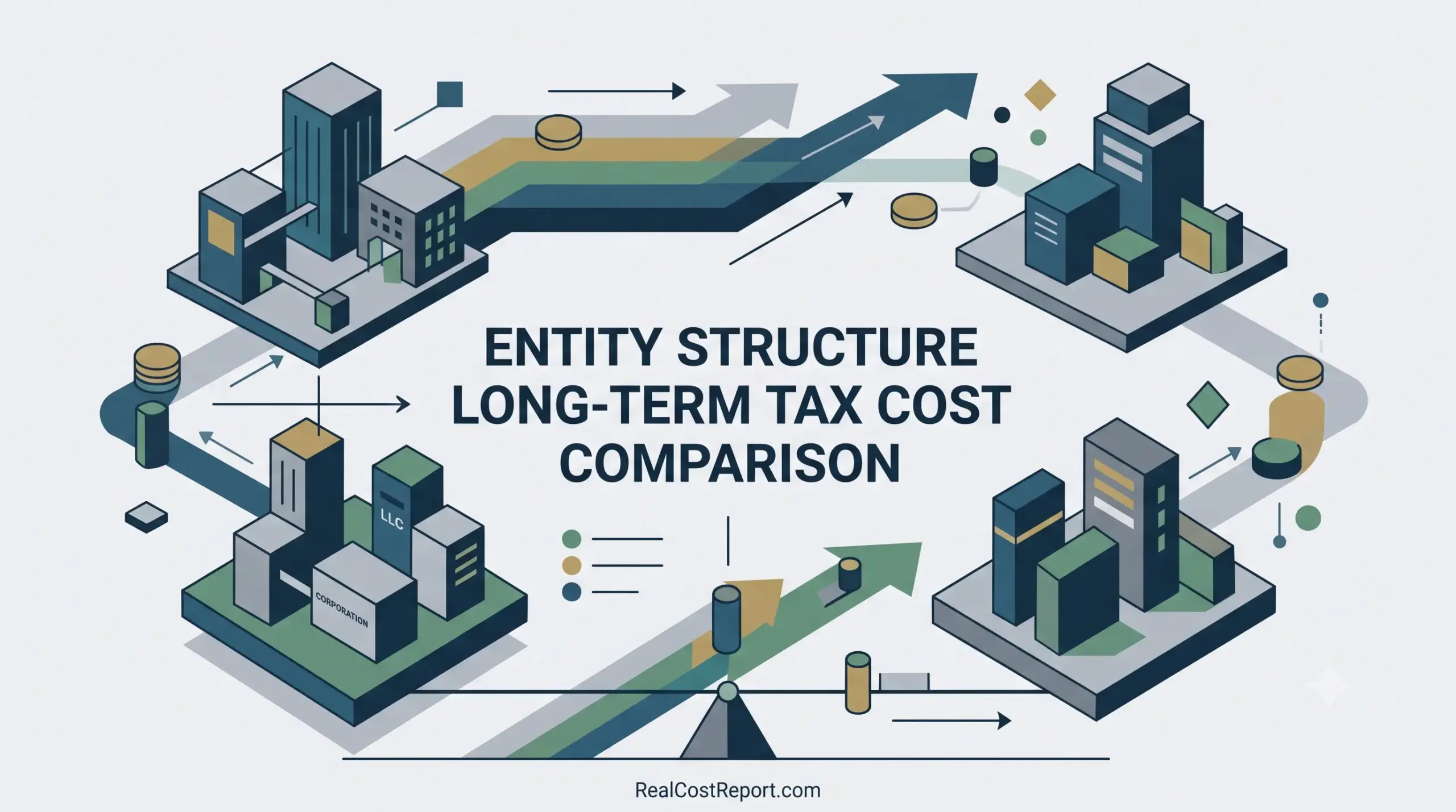 Flat geometric illustration showing different business entity structures connected by arrows, representing long-term tax cost comparisons.