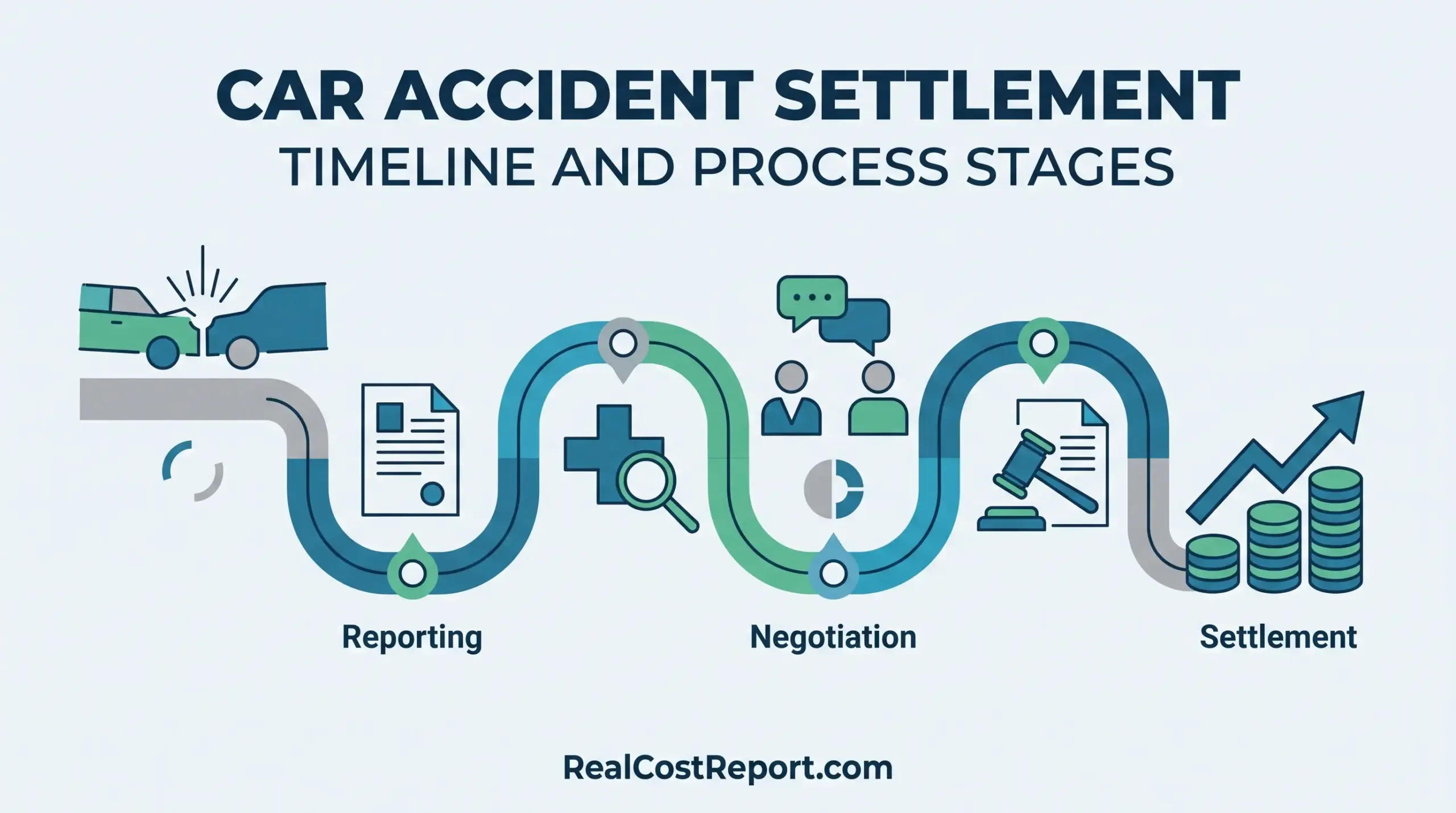 A professional geometric vector illustration visualizing the car accident settlement timeline through distinct stages: Reporting, Negotiation, and Settlement, in a blue and green palette.
