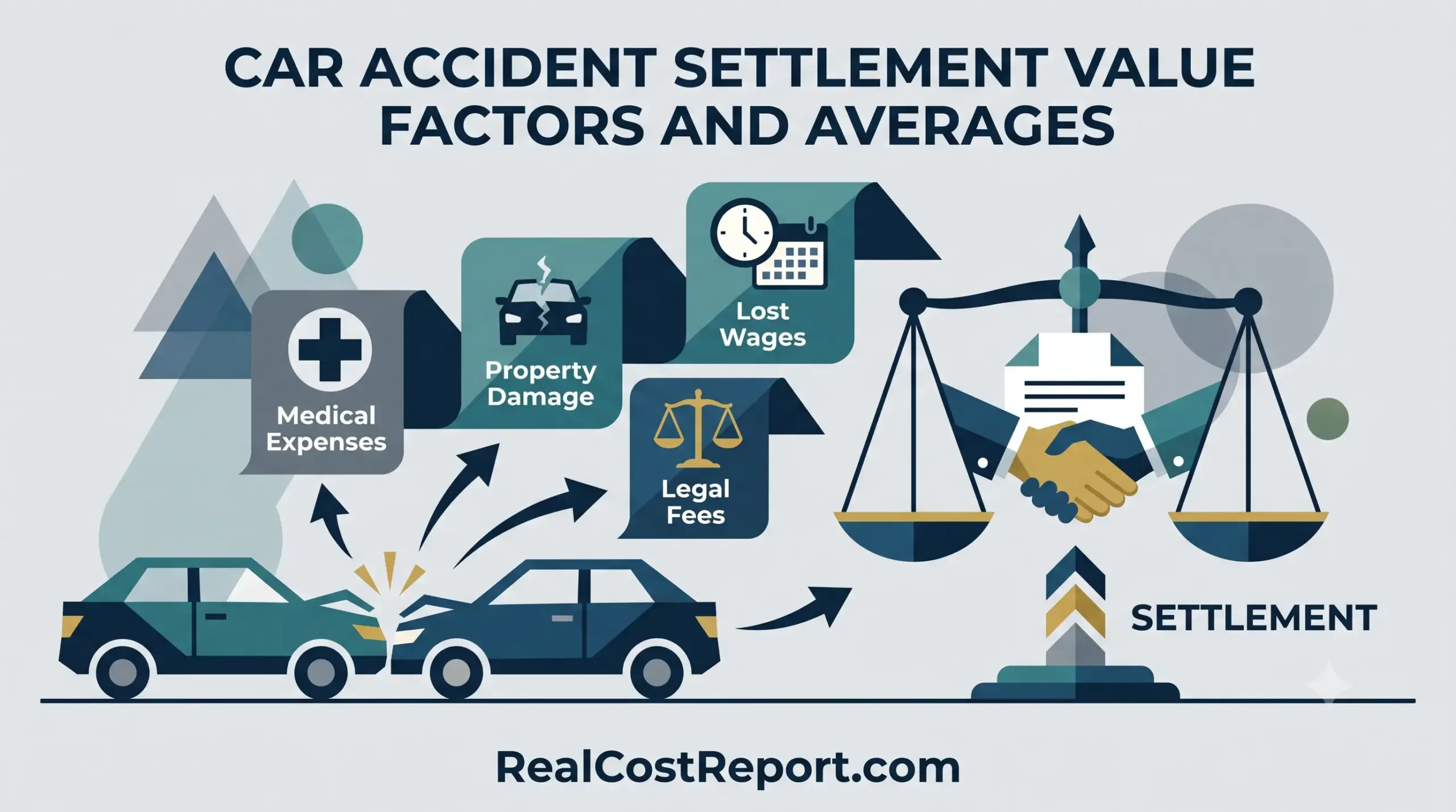 Geometric illustration showing car accident factors (medical, damage, wages, fees) leading to a settlement agreement with scales of justice and a handshake.
