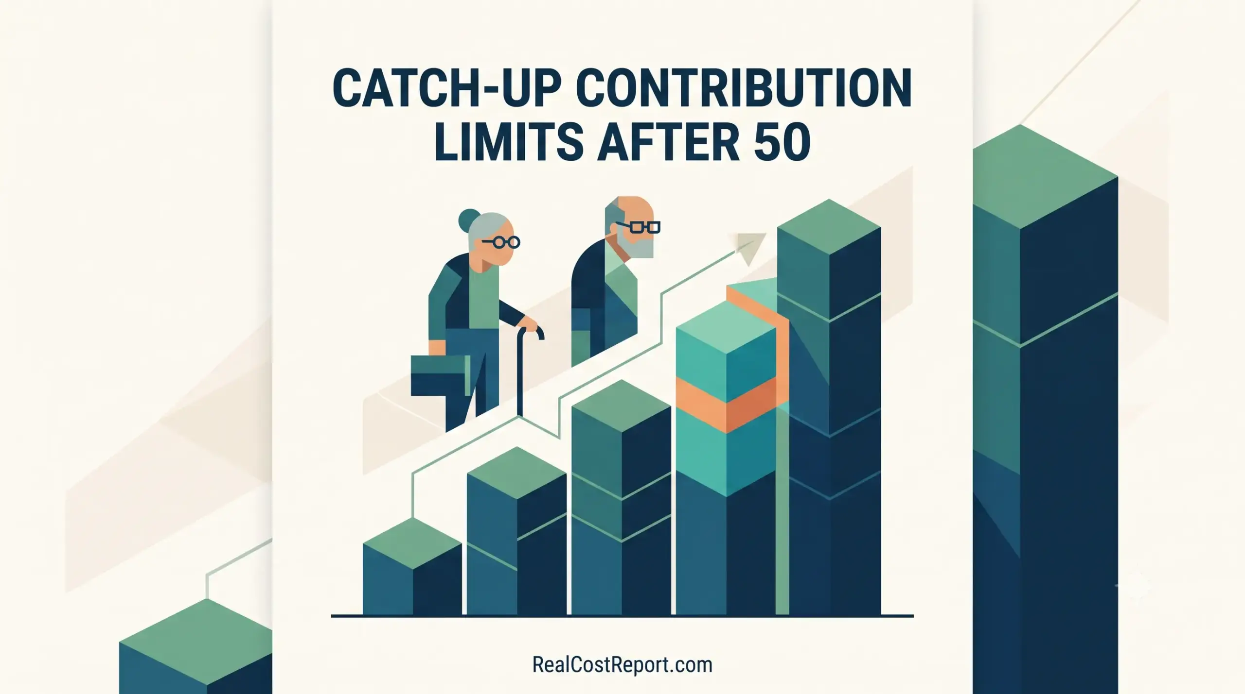 A minimal geometric illustration of older adults beside an upward-trending block chart representing catch-up retirement contributions.