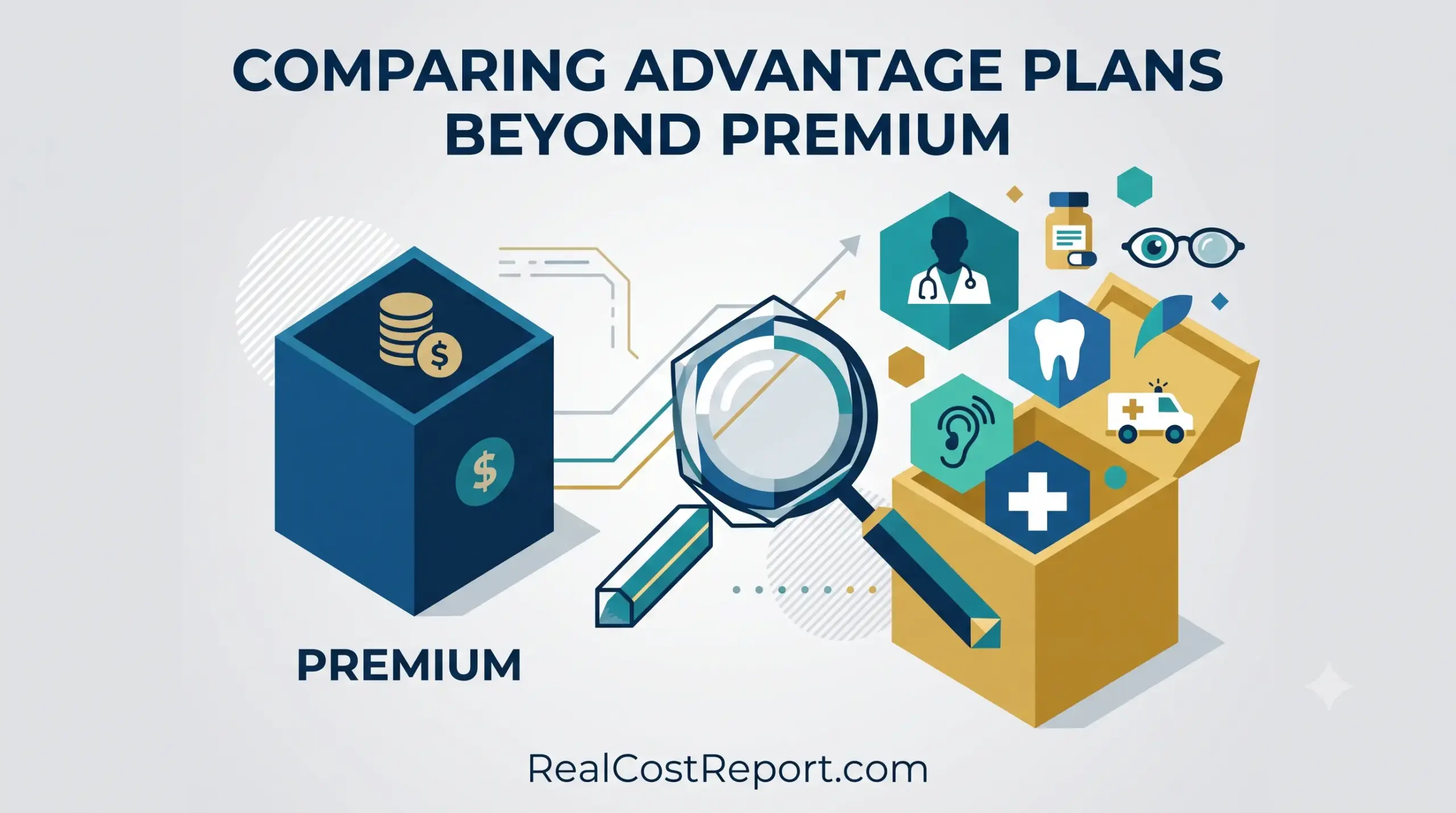 A clean flat design geometric vector illustration titled "Comparing Advantage Plans Beyond Premium," analyzing costs and additional health benefits with modern icons.