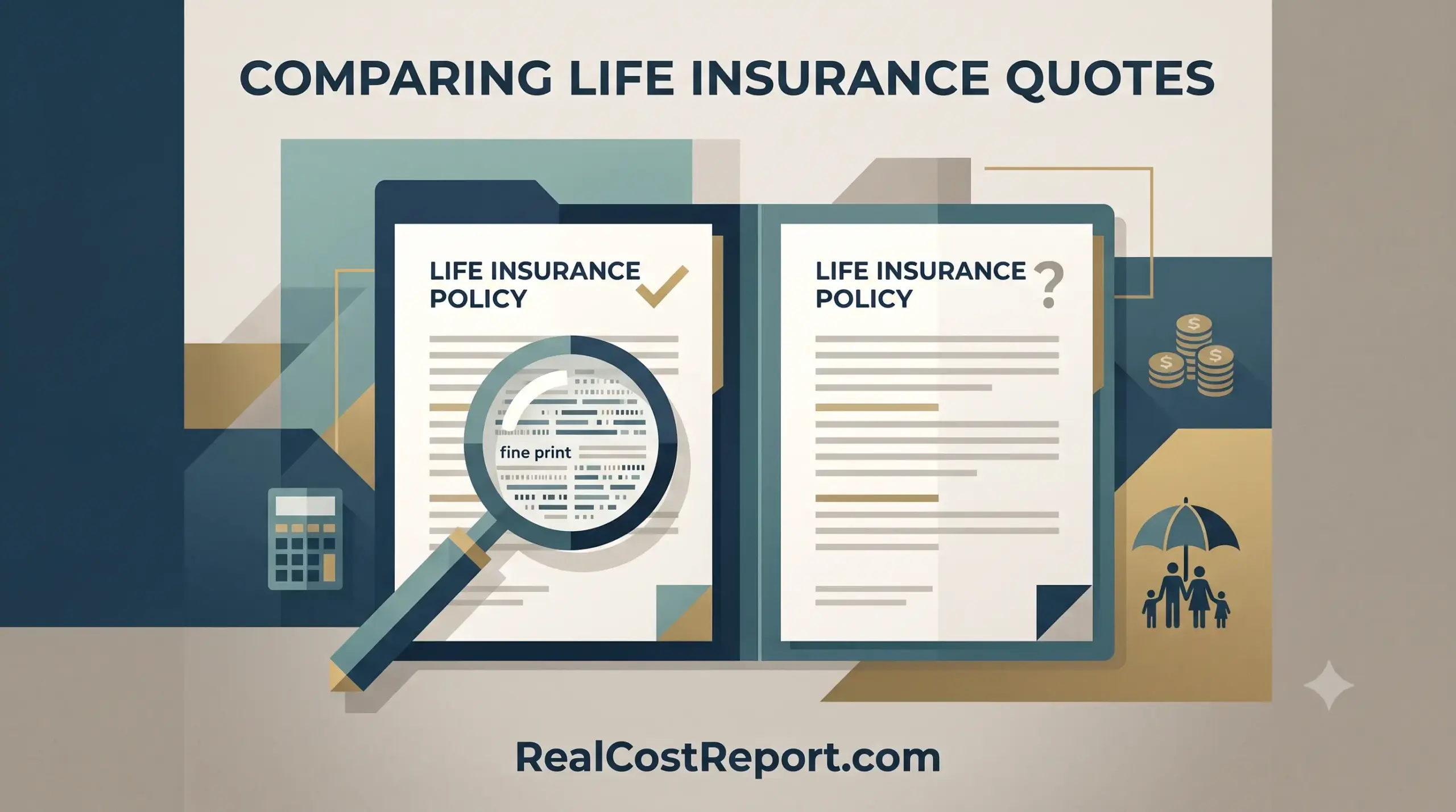A stylized vector illustration showing a magnifying glass over two competing life insurance policy documents for comparison.