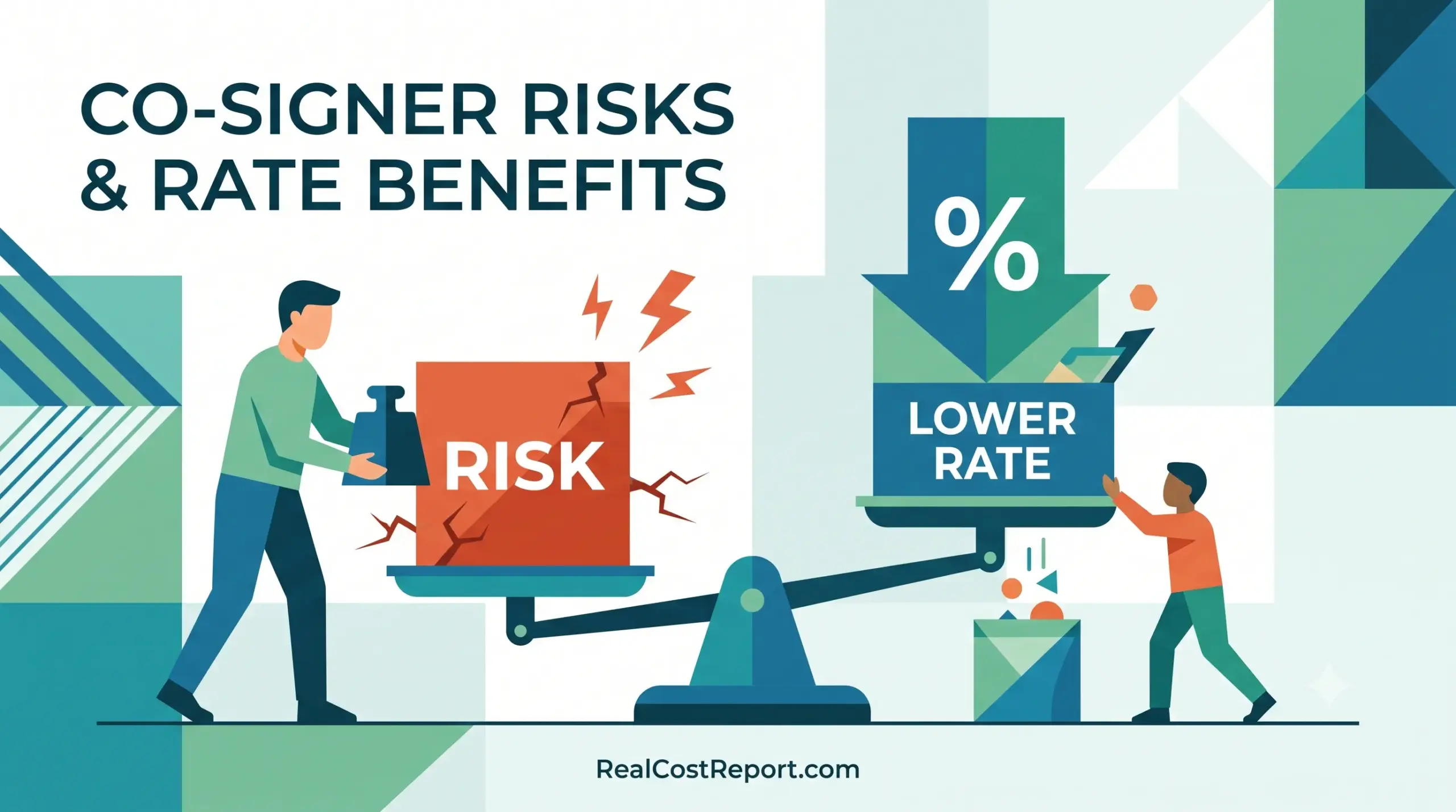 A minimal geometric illustration of a balance scale weighing financial risks against rate benefits for co-signers.