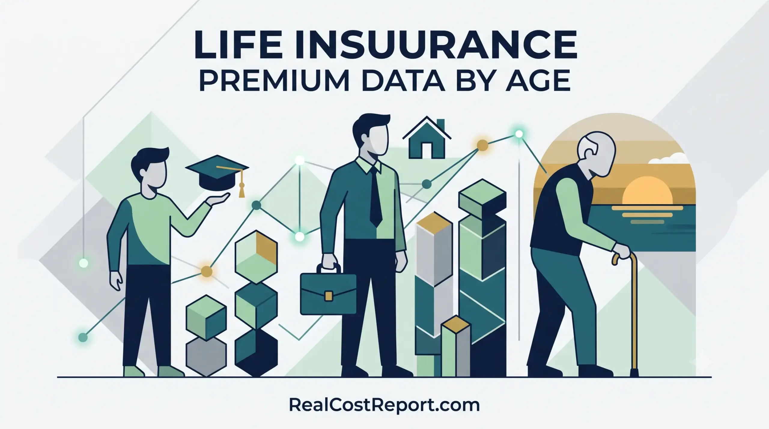 Geometric vector illustration visualizing rising life insurance premium data across a life timeline from youth to retirement.