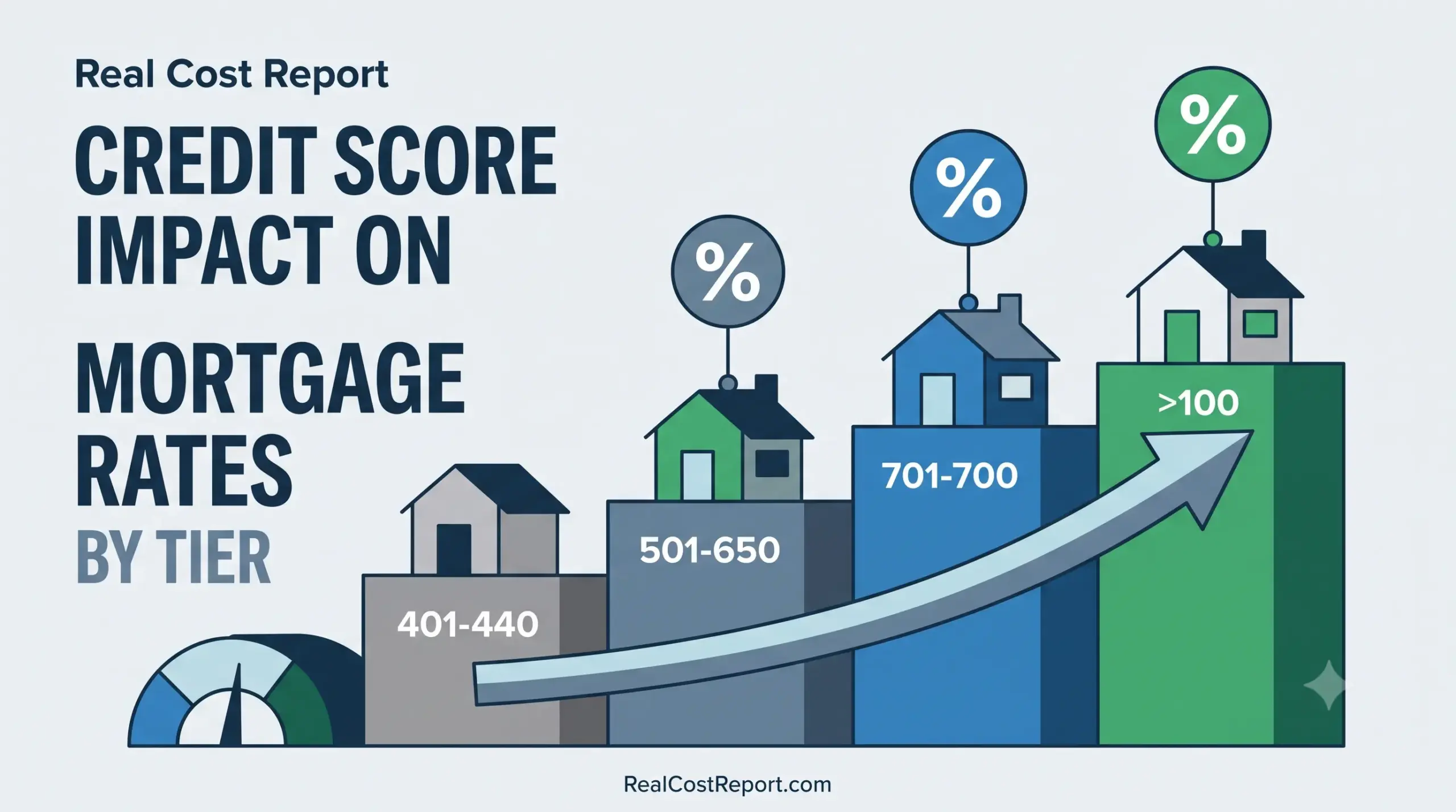 A geometric vector illustration showing a credit meter and decreasing mortgage rate percentages across rising tiers.