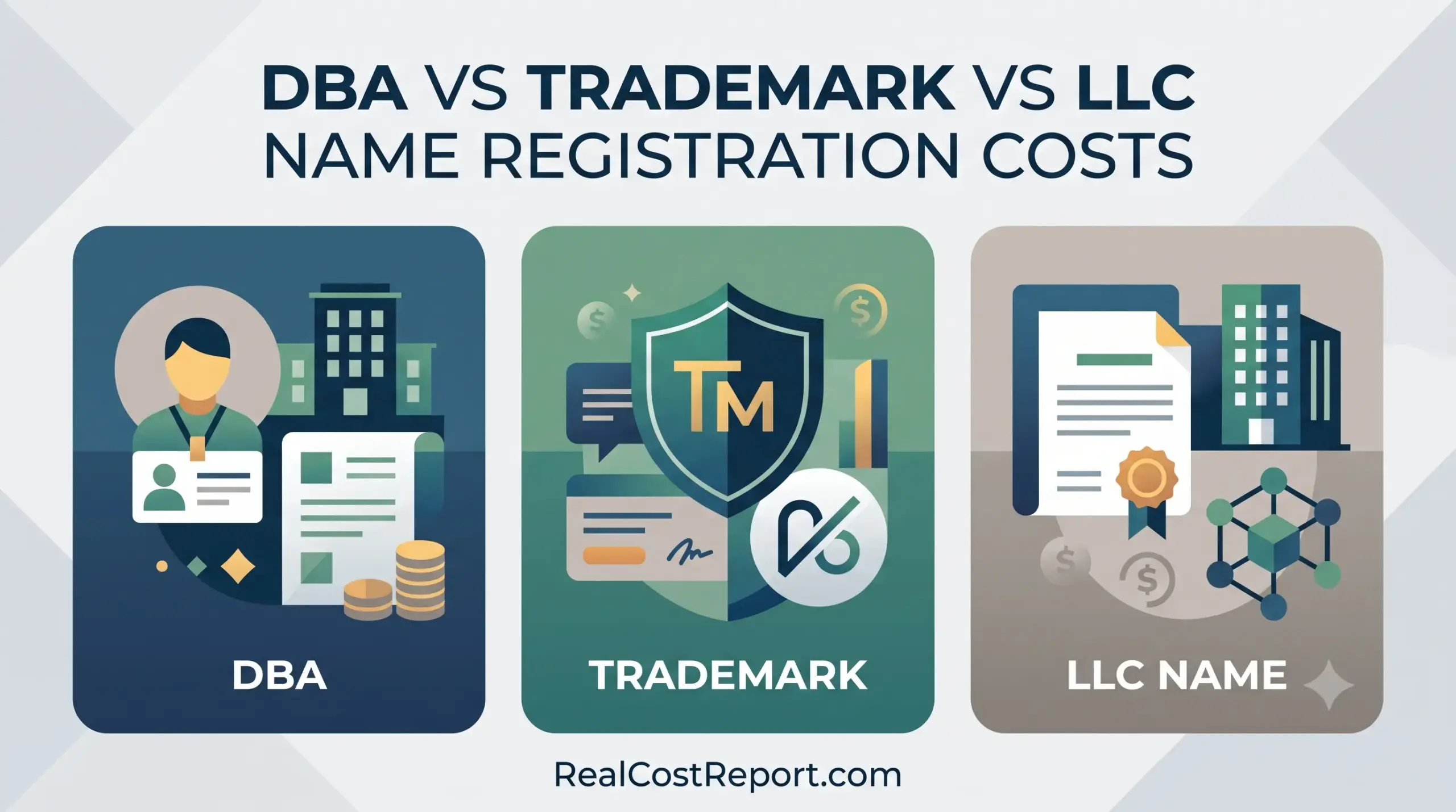 A geometric vector illustration comparing the concepts of DBA, Trademark, and LLC name registration costs.