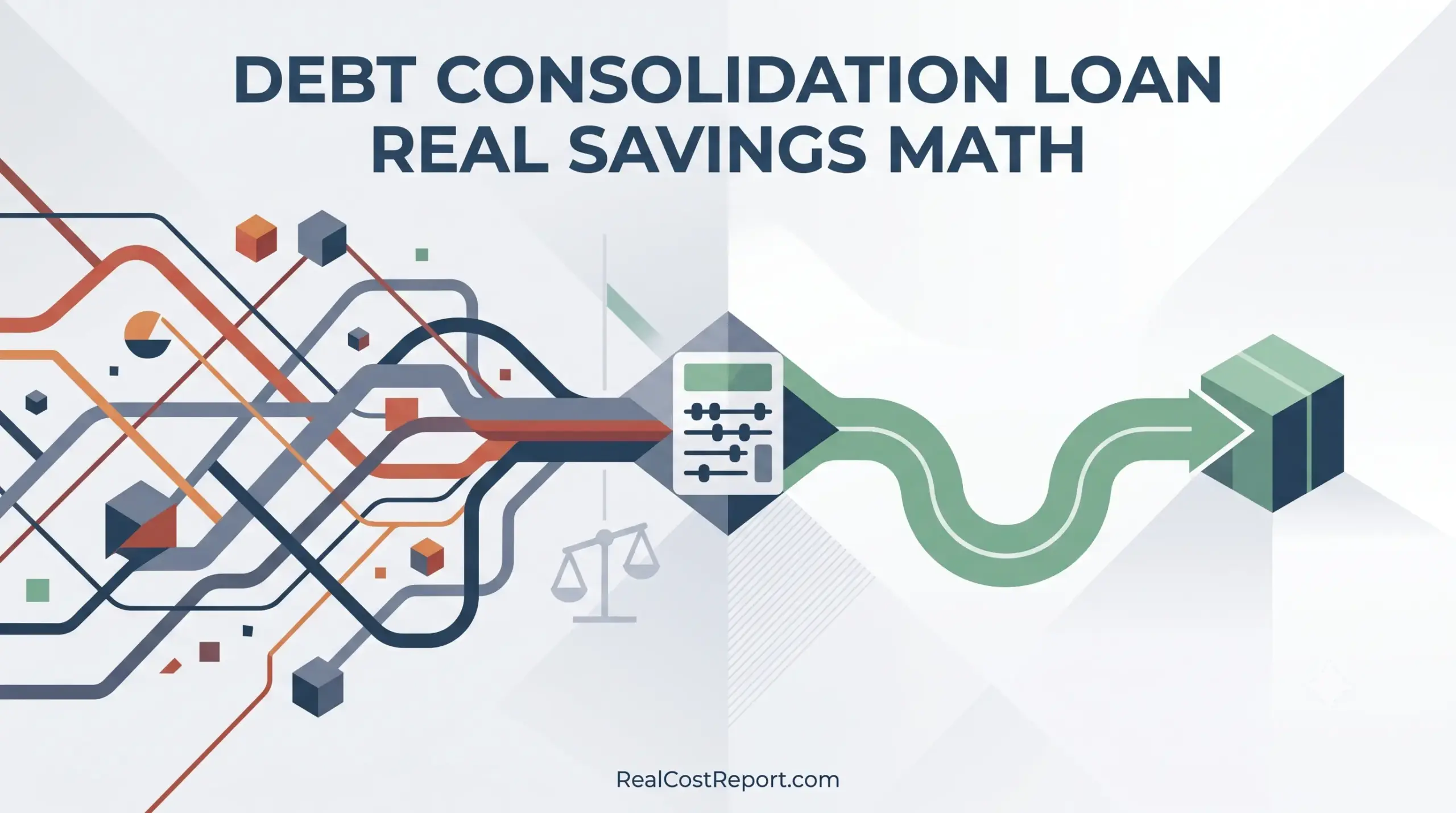 Geometric vector illustration shows tangled lines merging through a calculator into a single green arrow, symbolizing debt math.