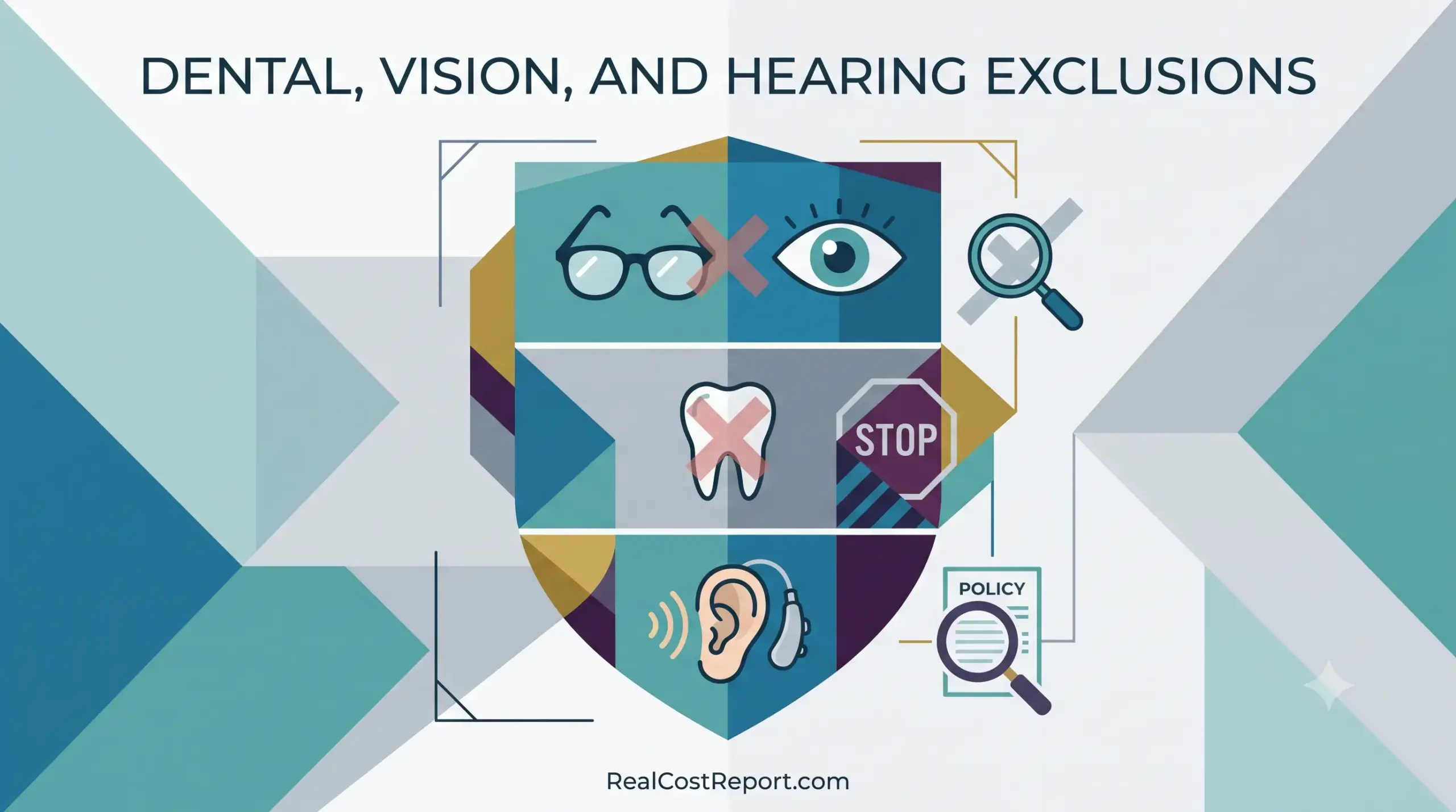 A geometric vector illustration featuring icons for vision, dental, and hearing care marked with exclusion symbols like 'X' and 'STOP'.
