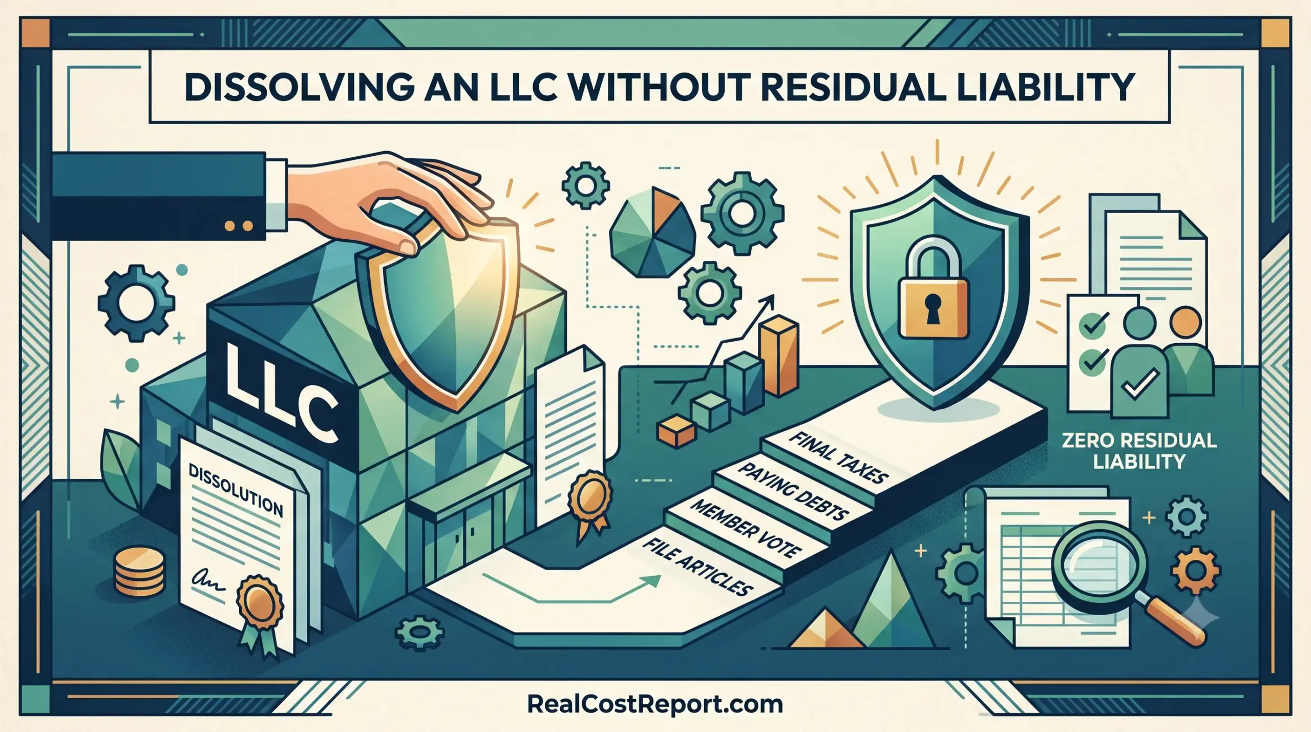 A stylized business illustration showing a clear pathway for dissolving an LLC with zero residual liability using shields and documentation.