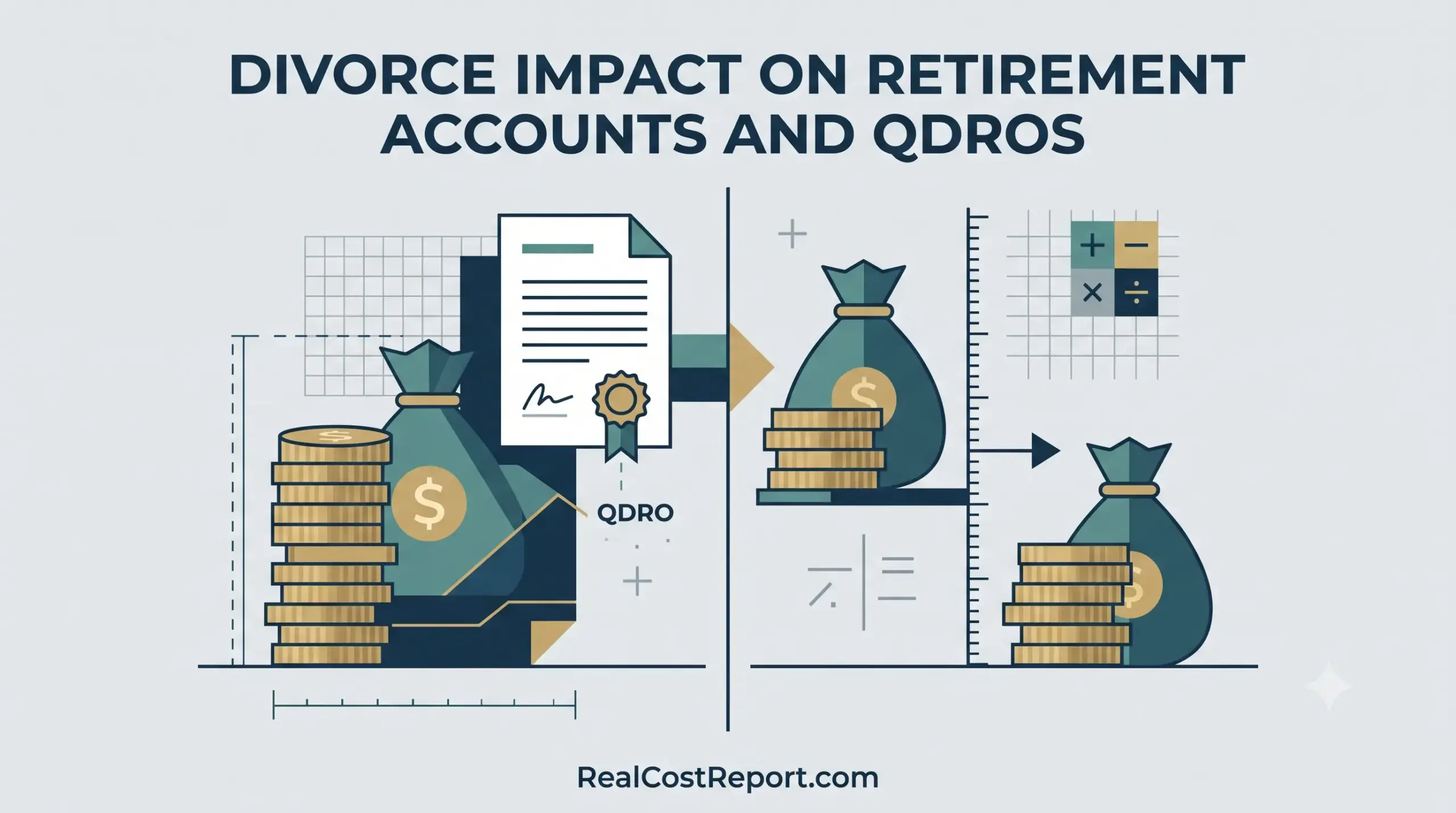 Geometric vector illustration showing a retirement fund split in two by a legal QDRO document after a divorce.