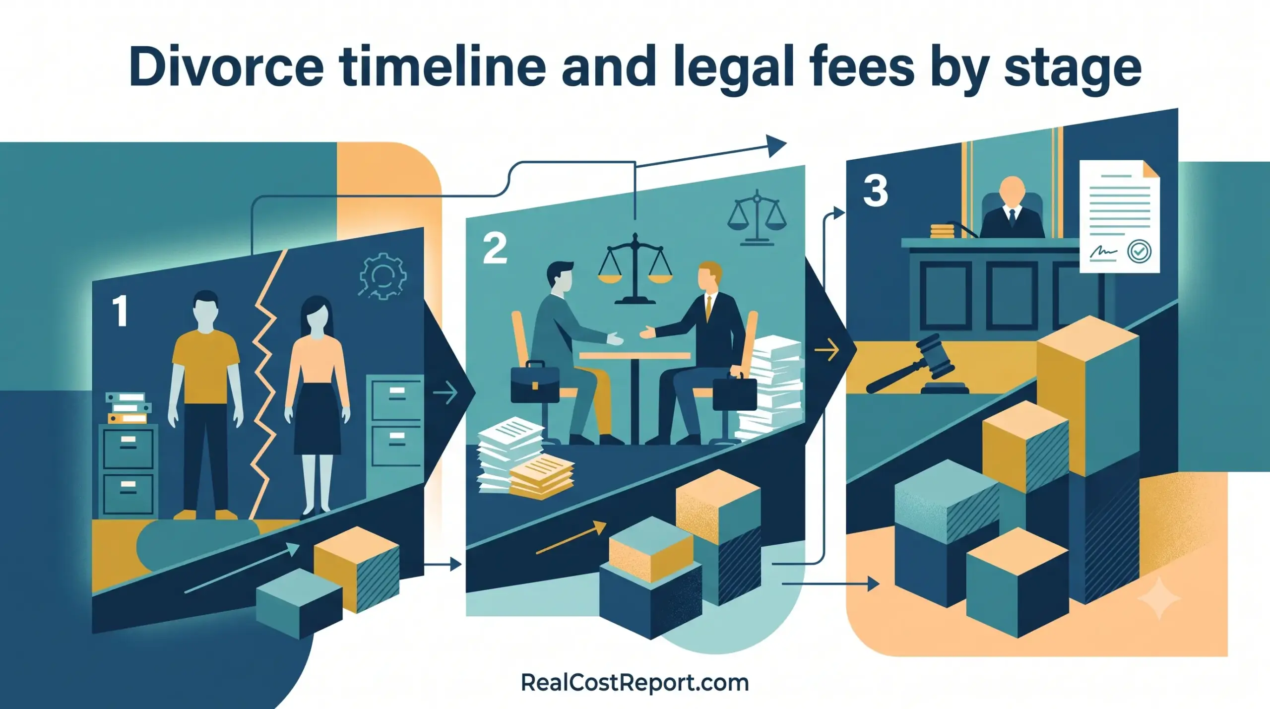 A three-stage geometric illustration showing a divorce timeline, rising costs, and courtroom proceedings, for RealCostReport.com.