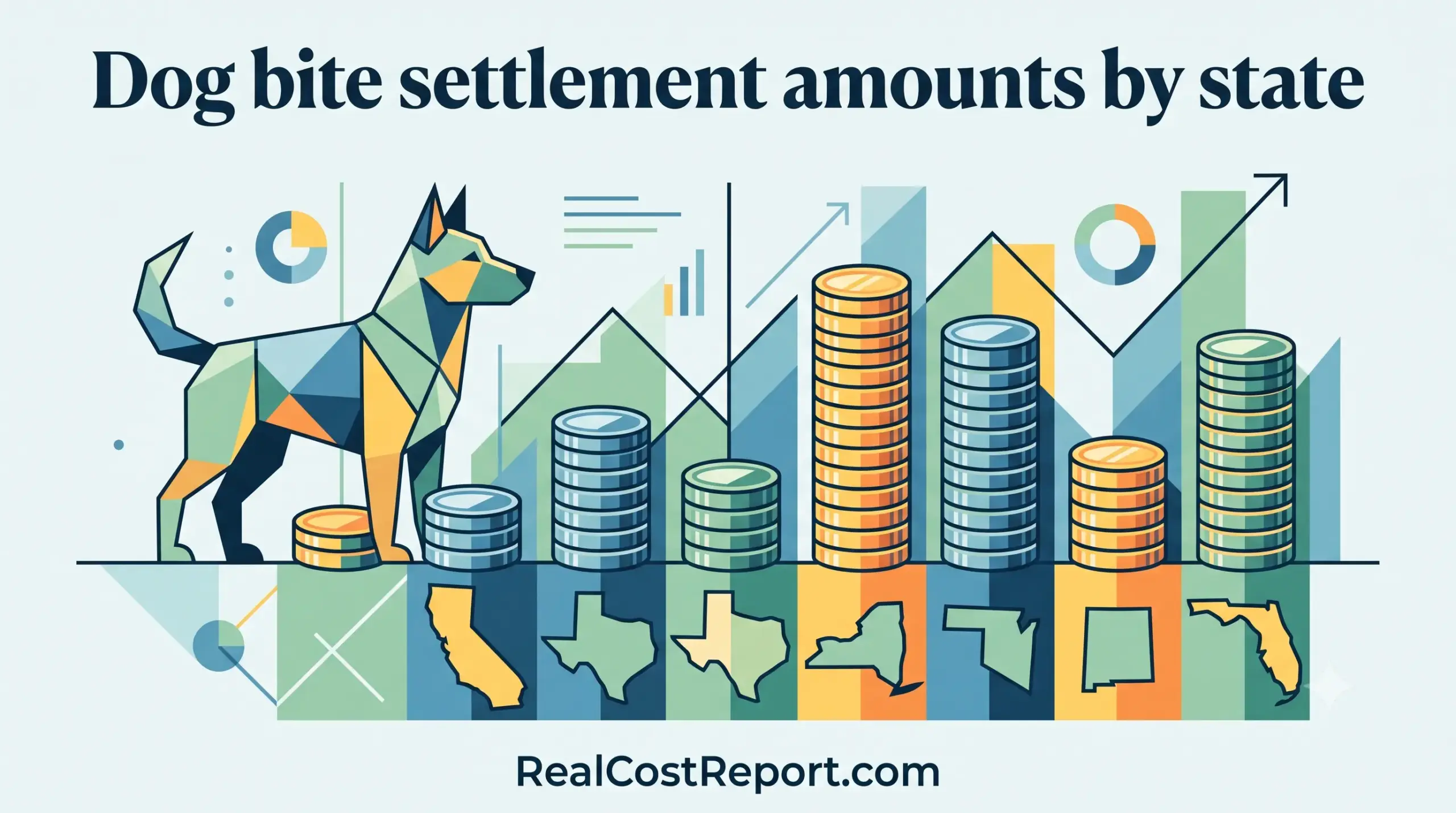 Geometric vector illustration comparing varying stacks of coins over different state silhouettes to analyze dog bite settlement amounts.
