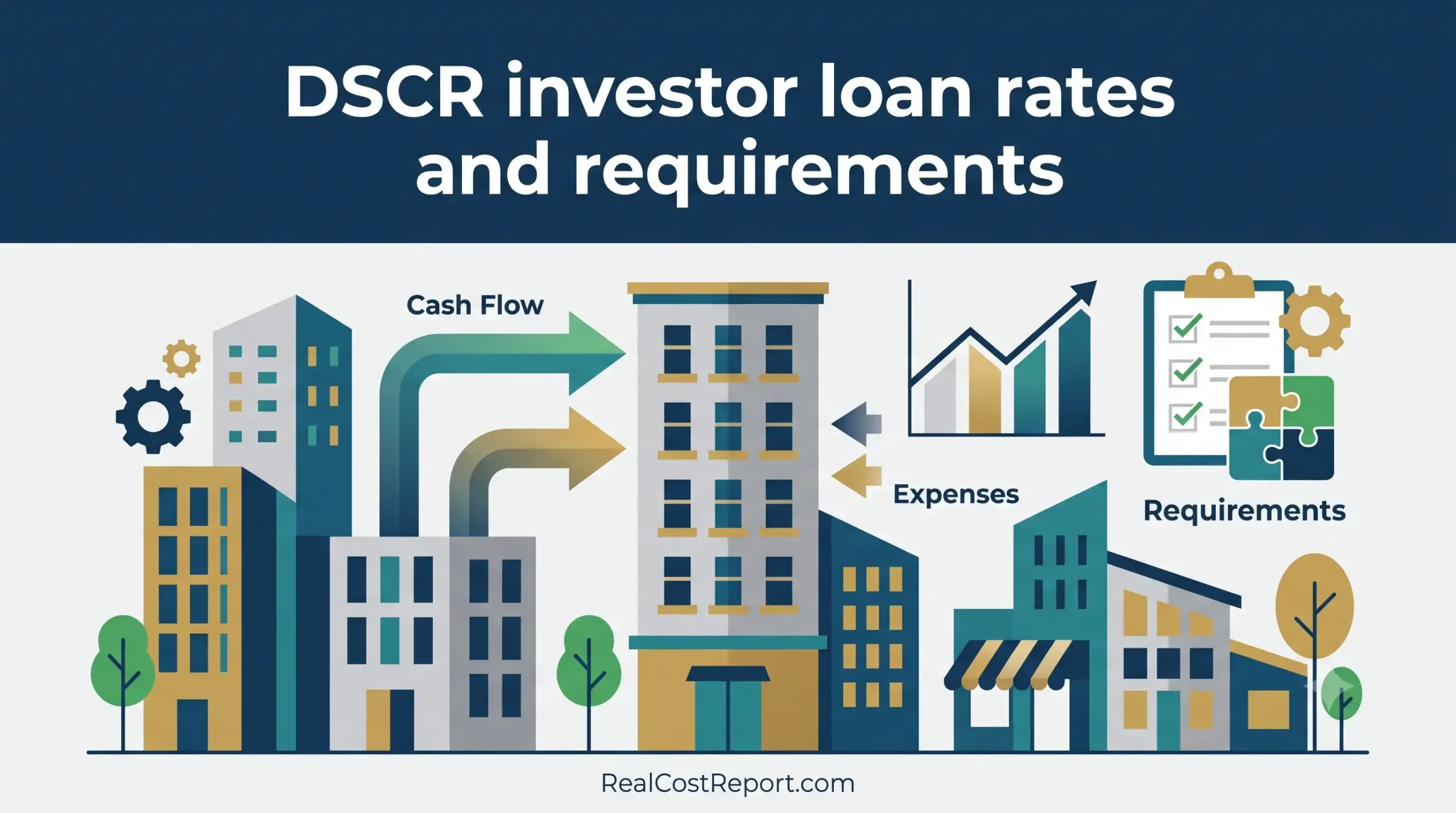 Geometric illustration showing investment properties, cash flow arrows, and a requirements checklist with gears and puzzle pieces.