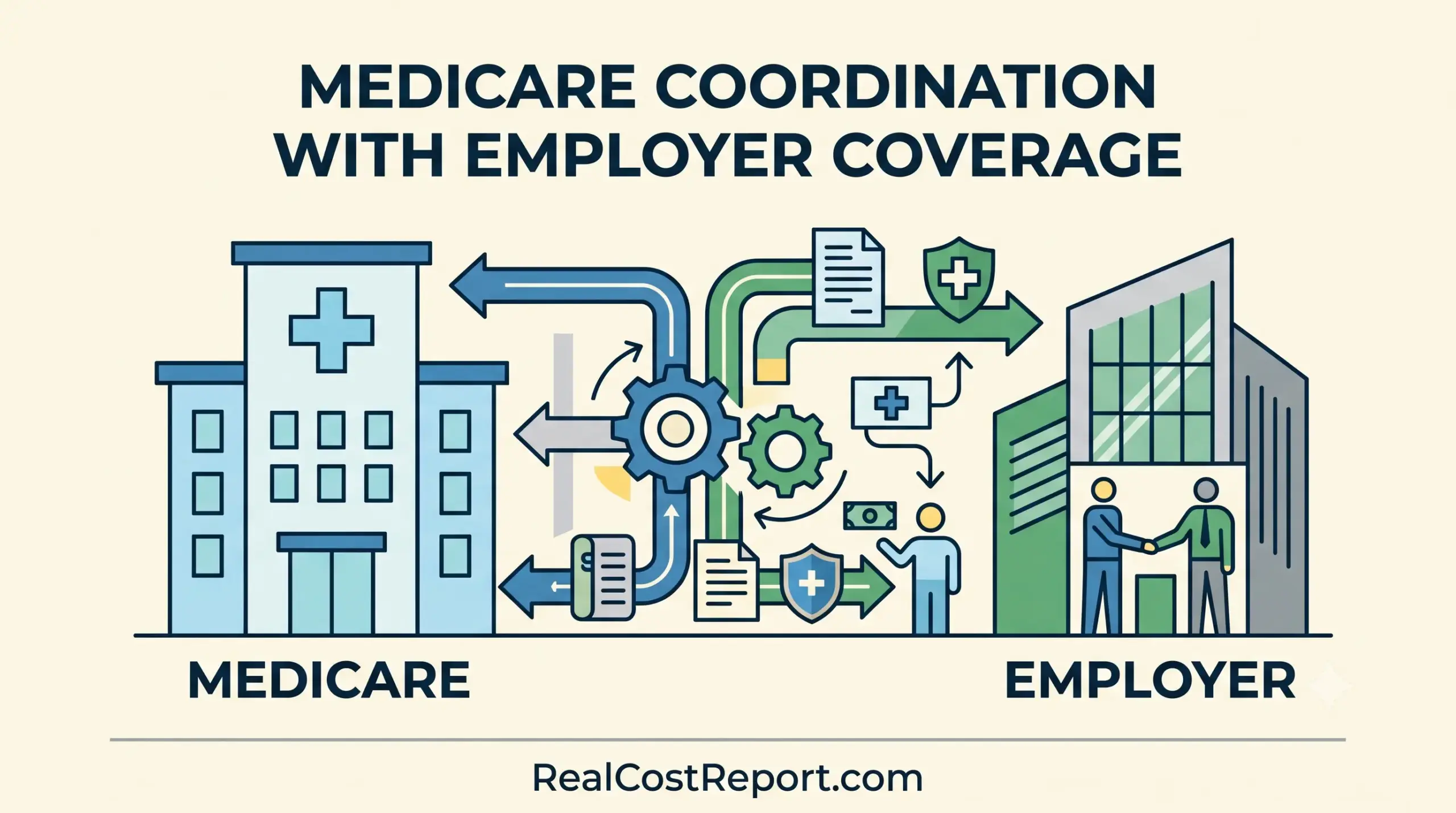 Geometric infographic illustrating Medicare and employer coverage systems connected by gears, arrows, and documents, titled "Medicare coordination with employer coverage."