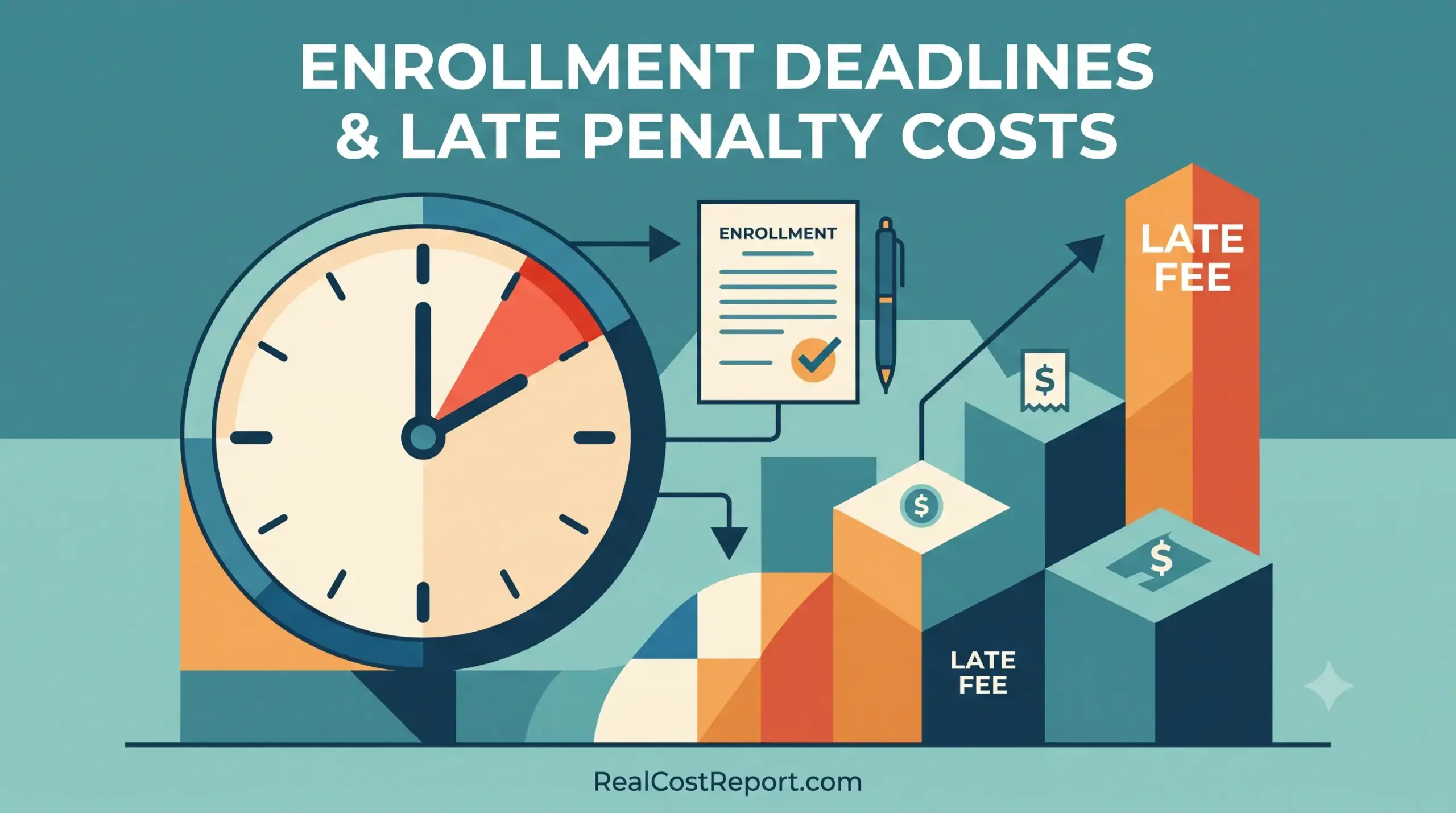 Minimalist vector illustration featuring a clock, an enrollment document, and rising geometric blocks representing late penalty costs.