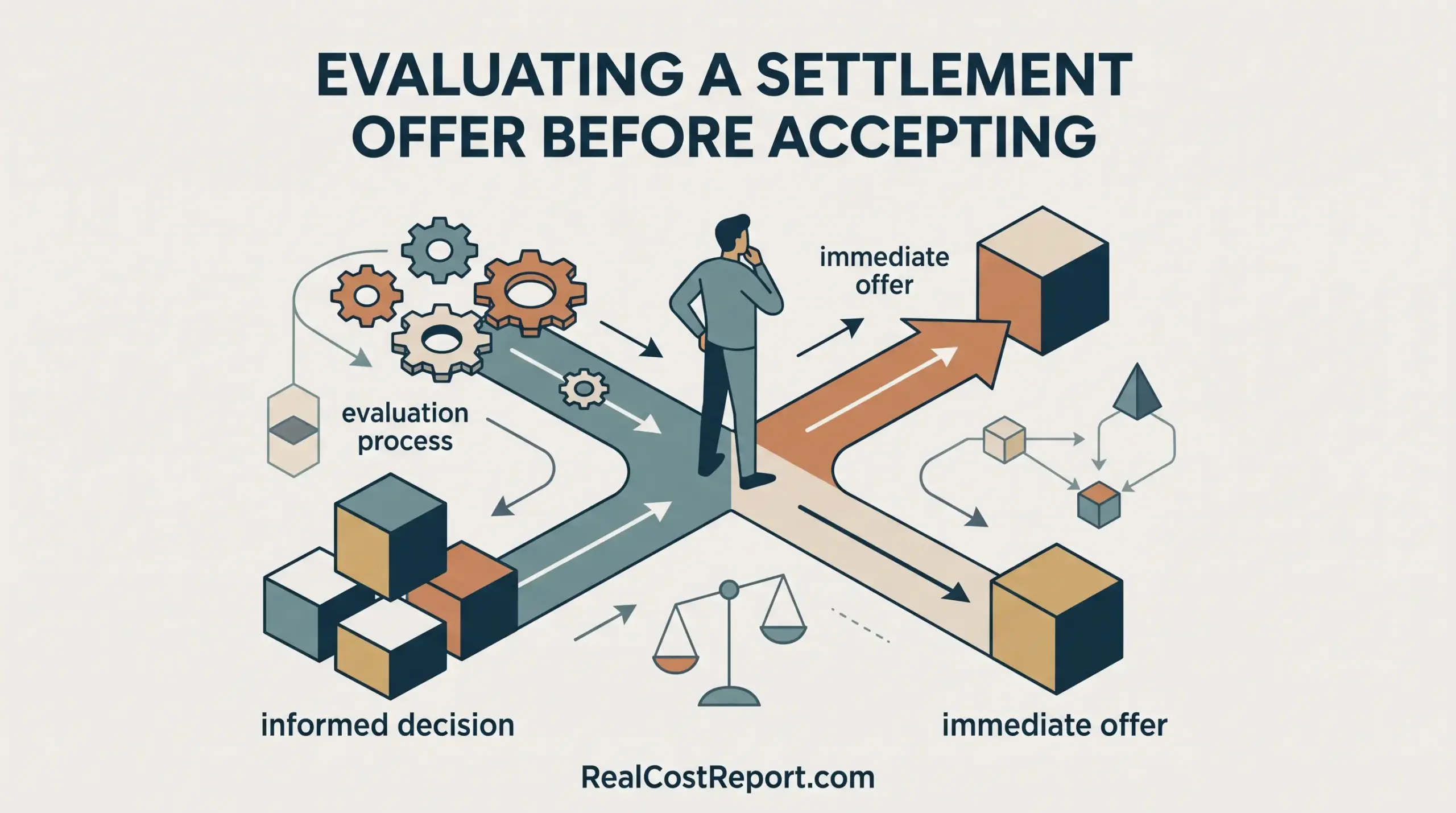 Geometric illustration of a figure weighing options at a crossroads with scales and gears, representing decision-making.