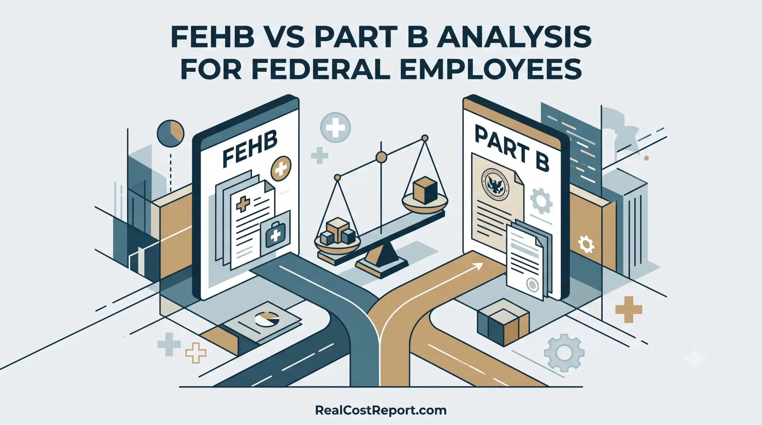 A stylized comparison illustration showing FEHB and Part B options on clipboards balanced on a scale, with the headline "FEHB VS PART B ANALYSIS FOR FEDERAL EMPLOYEES" above.