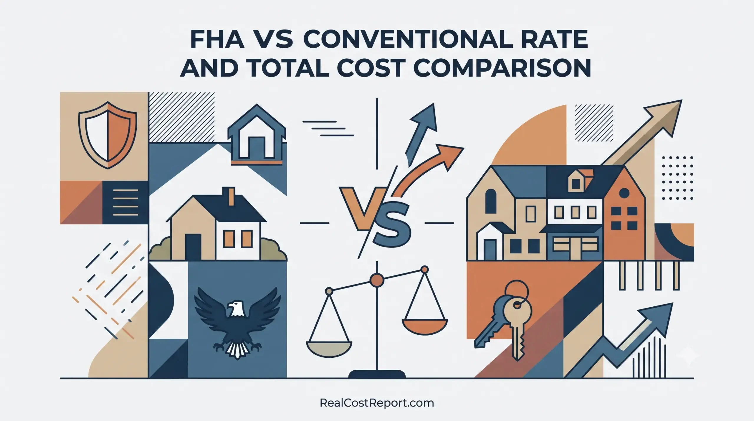 Geometric illustration contrasting FHA and conventional mortgage costs using houses, a scale, and arrows.