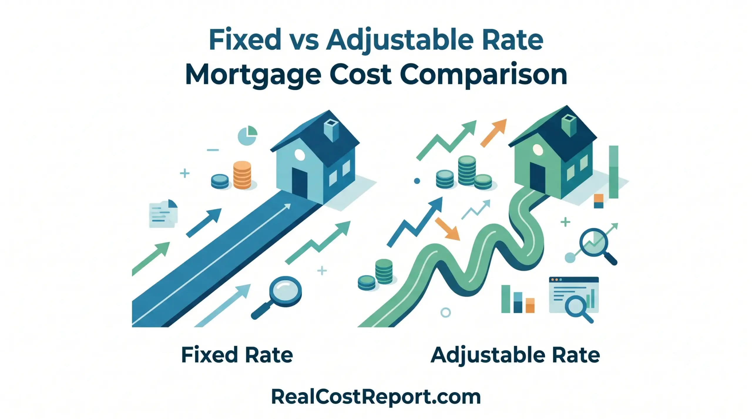A vector illustration comparing fixed versus adjustable rate mortgages with stable and fluctuating arrows leading to houses on a white background.