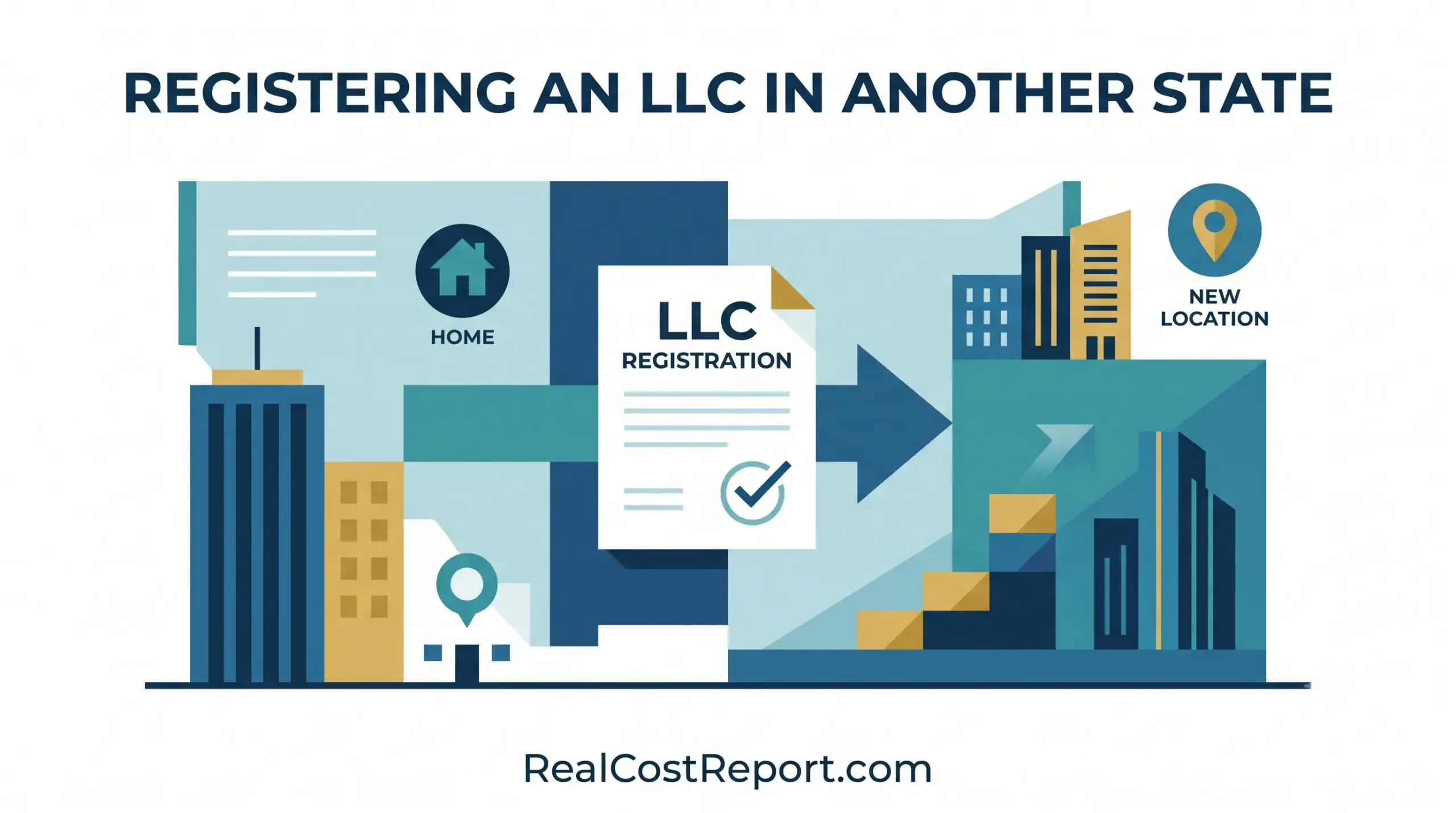 Vector graphic showing a document moving from a home state building to a new location with growth arrows.