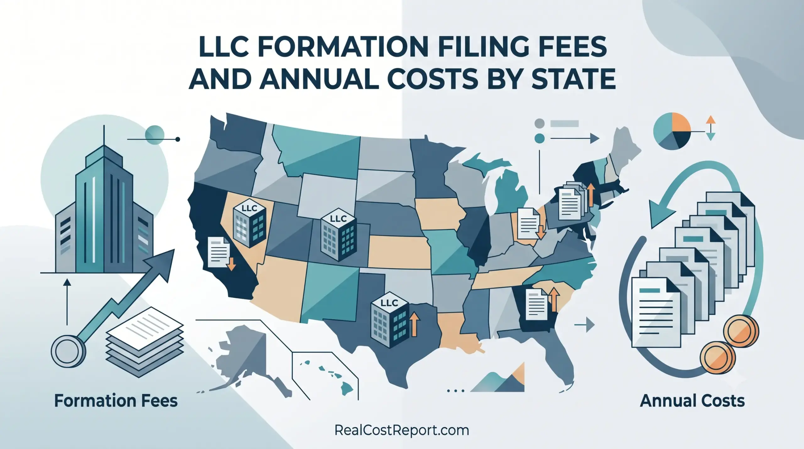 Geometric vector map of the United States surrounded by business and cost icons, with a clear headline.