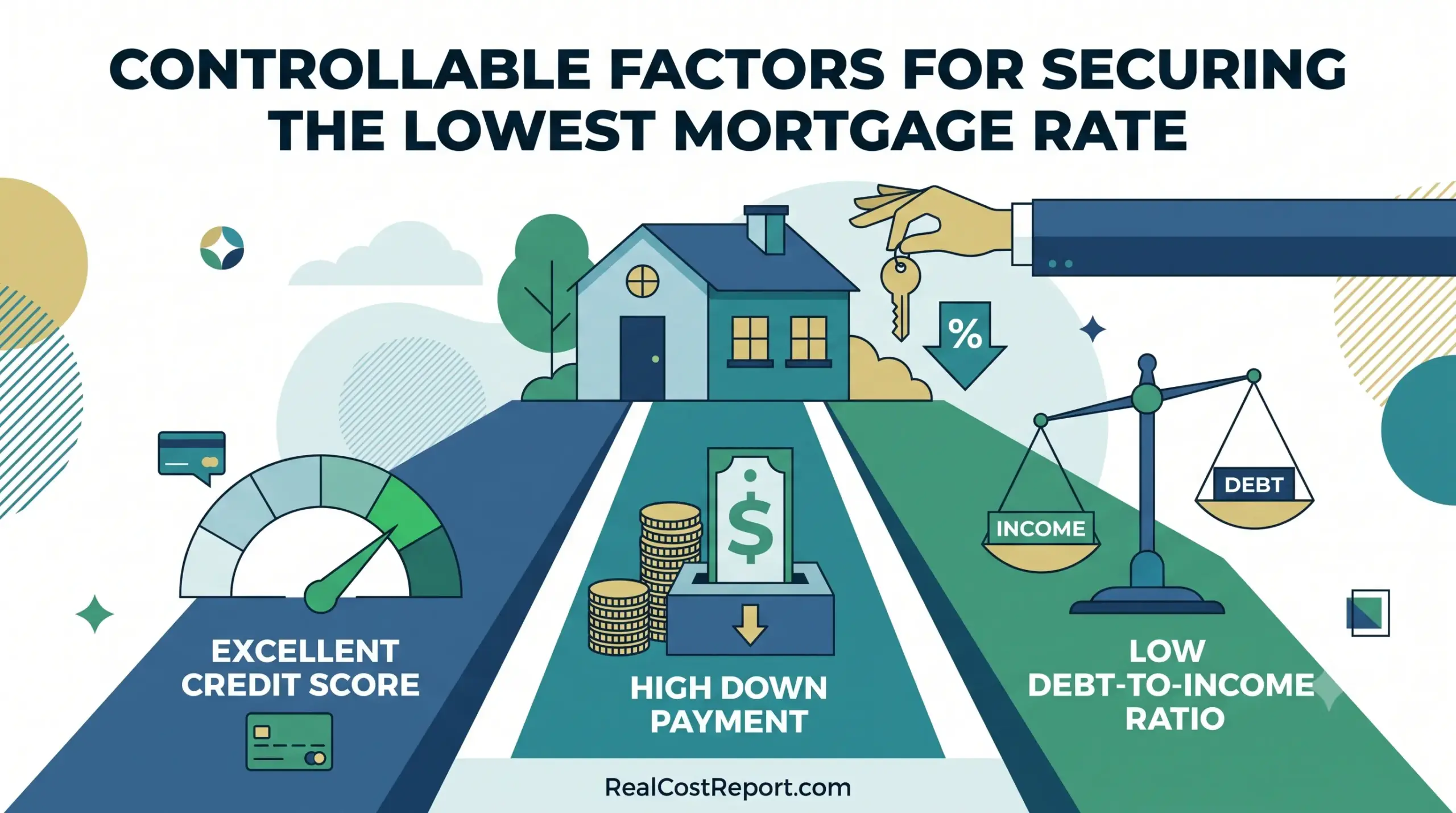 Flat design illustration showing credit score, down payment, and debt-to-income balance for a low mortgage rate. RealCostReport.com