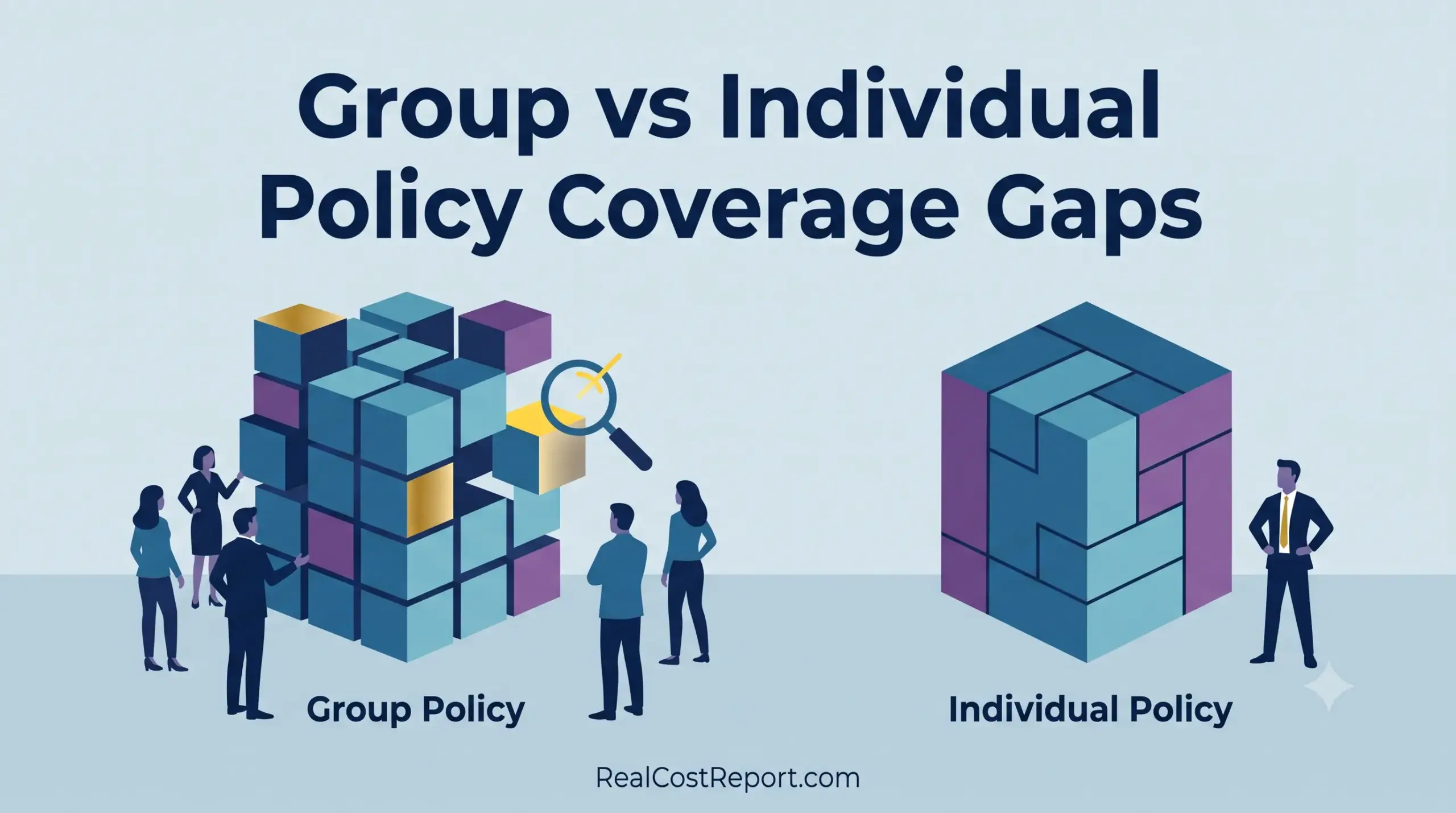 An illustration comparing a 'Group Policy' with a missing piece to a solid 'Individual Policy' cube with no gaps.
