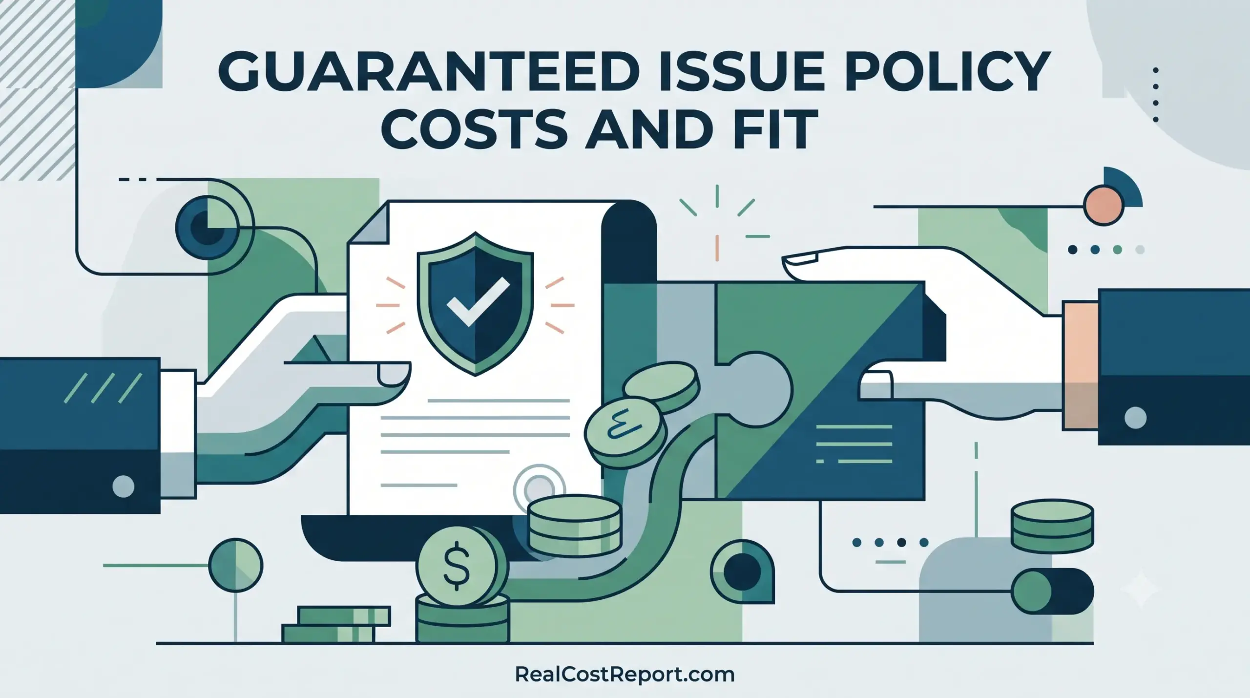 A vector illustration with text that reads "Guaranteed Issue Policy Costs and Fit" above a business-style scene.