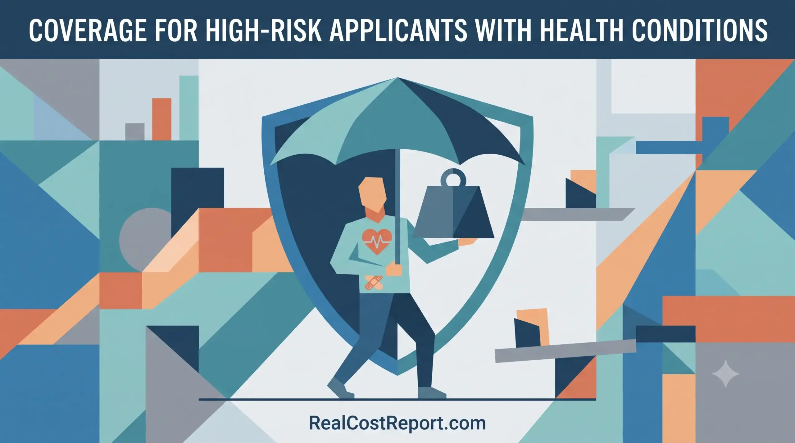 Geometric illustration of a figure with a heart symbol standing safely behind a protective shield and umbrella.