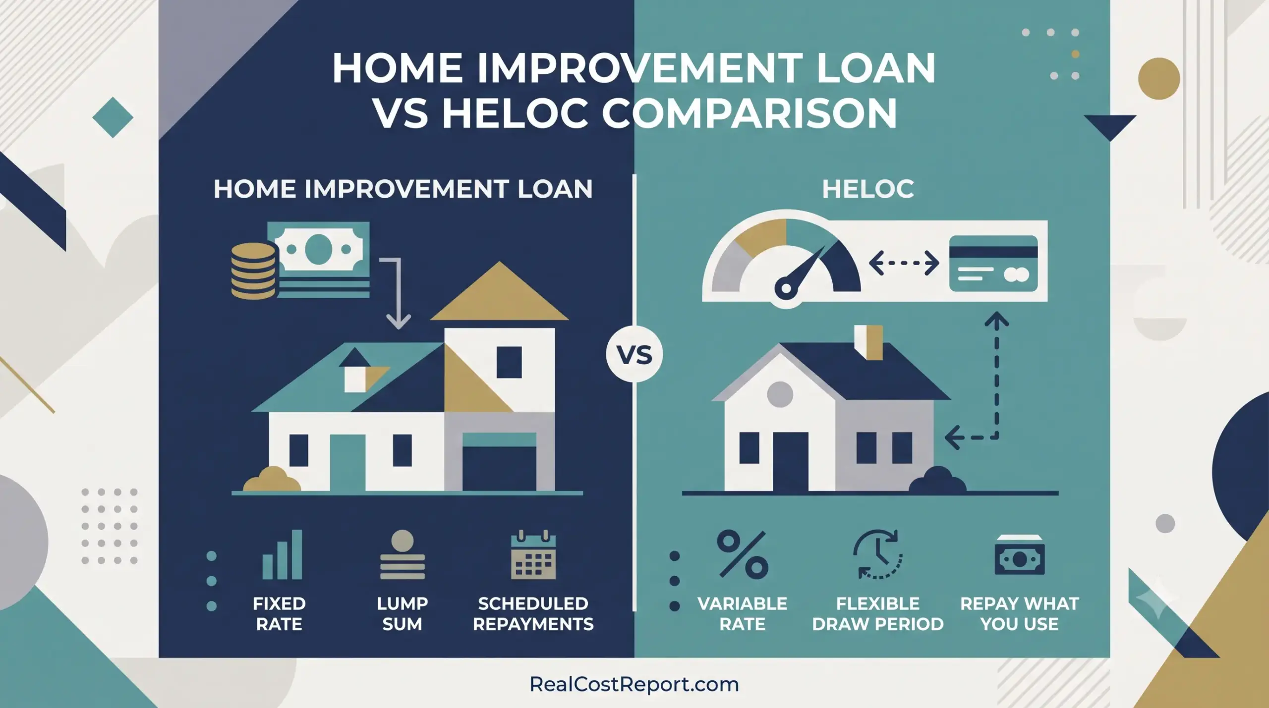 A split geometric vector illustration comparing a fixed-rate home improvement loan (left) with a flexible variable-rate HELOC (right).