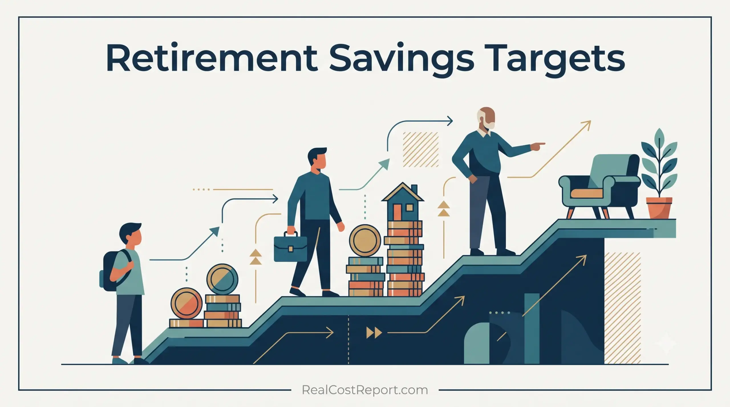 A flat vector illustration showing three figures on a rising arrow bar chart representing age progression, next to a chair and plant, with text "Retirement Savings Targets" at the top and "RealCostReport.com" at the bottom.