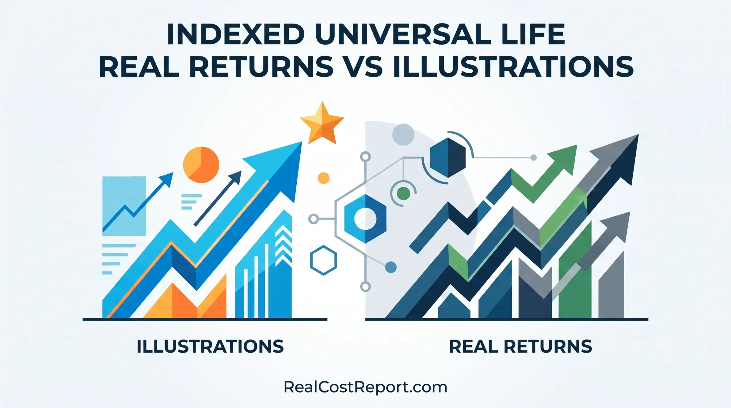 An editorial vector graphic illustrating the comparison between life insurance illustrations and actual real returns.