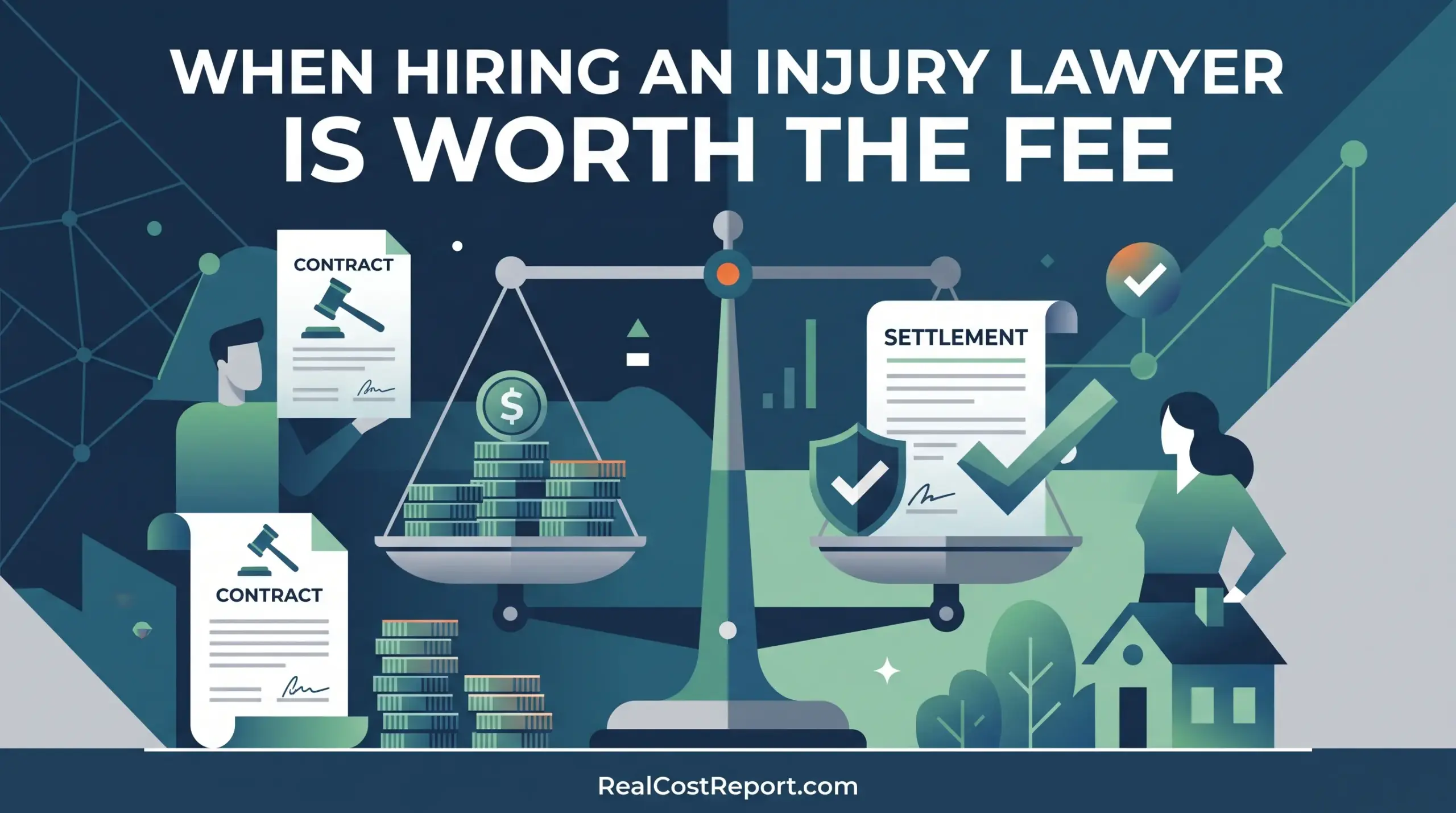 Geometric illustration showing a scales of justice balancing legal fees against a successful injury settlement check.