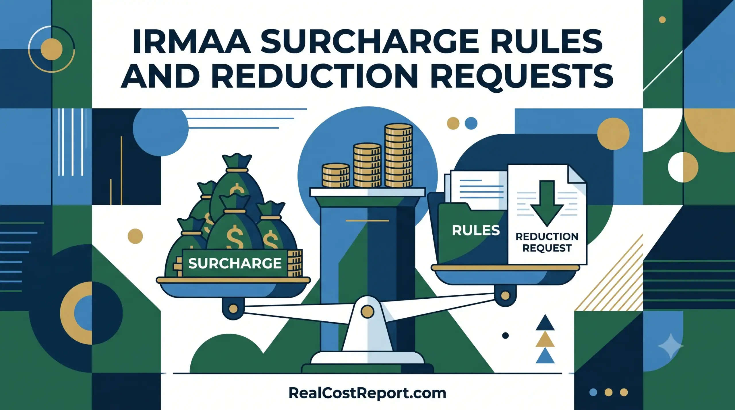 Geometric vector illustration with a balance scale showing 'SURCHARGE' money bags and 'RULES/REDUCTION REQUEST' documents, with the website URL below.