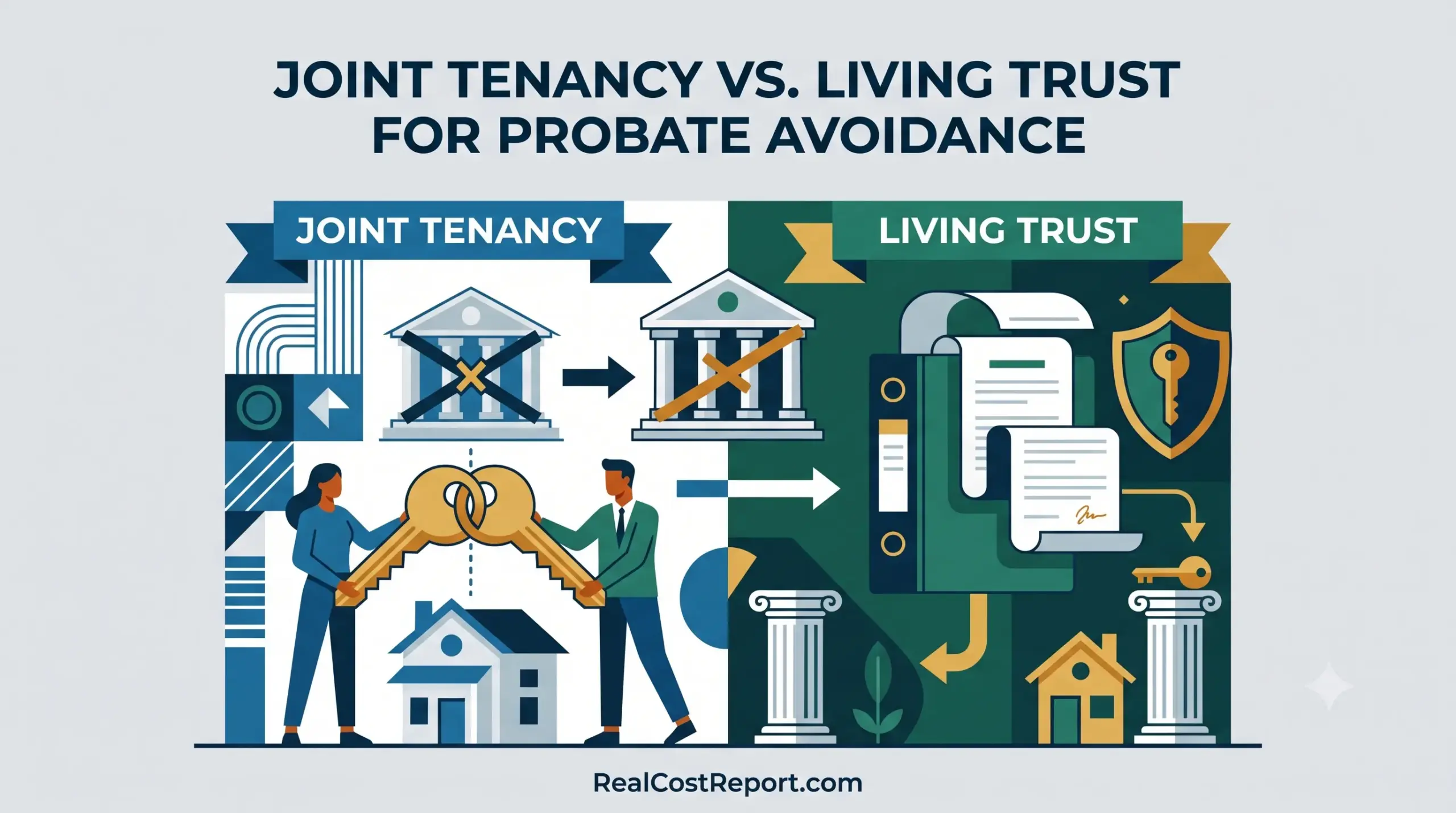 A split vector illustration compares joint tenancy, using shared keys and a house, against a living trust, depicted by a signed binder and shield.