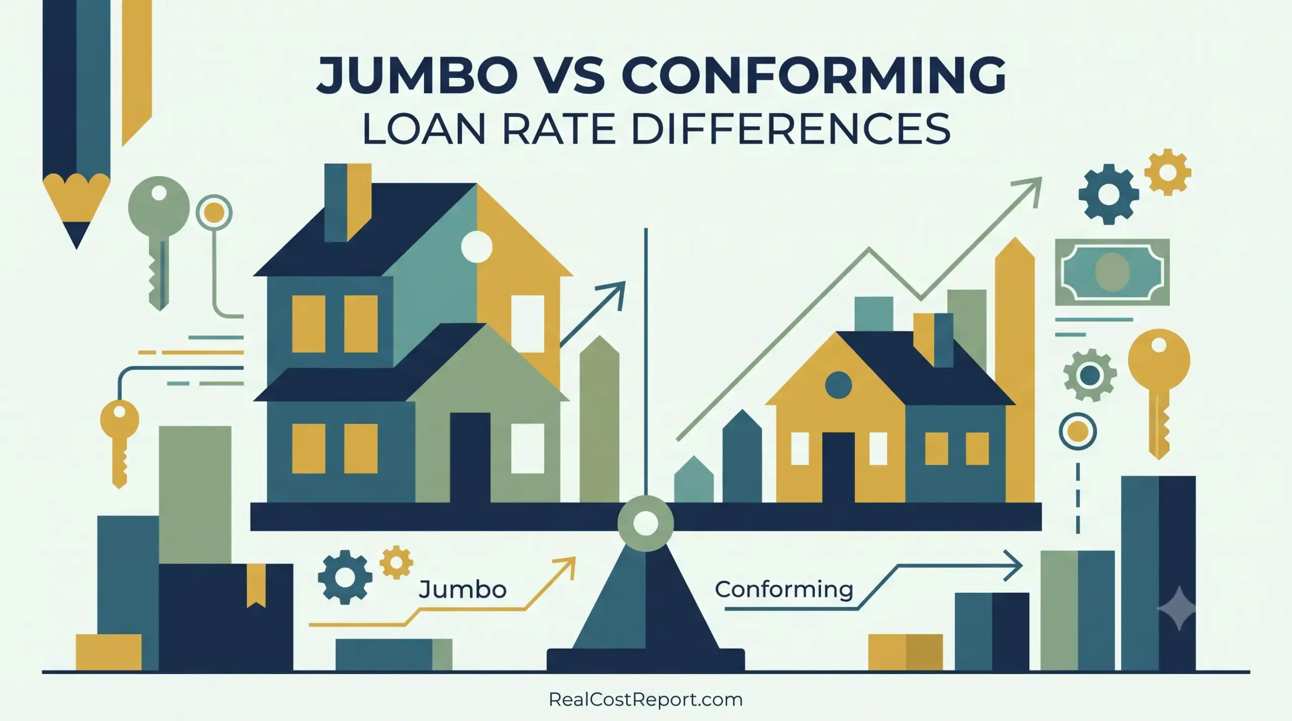 Flat geometric illustration comparing a large jumbo loan house and a smaller conforming loan house on a see-saw.