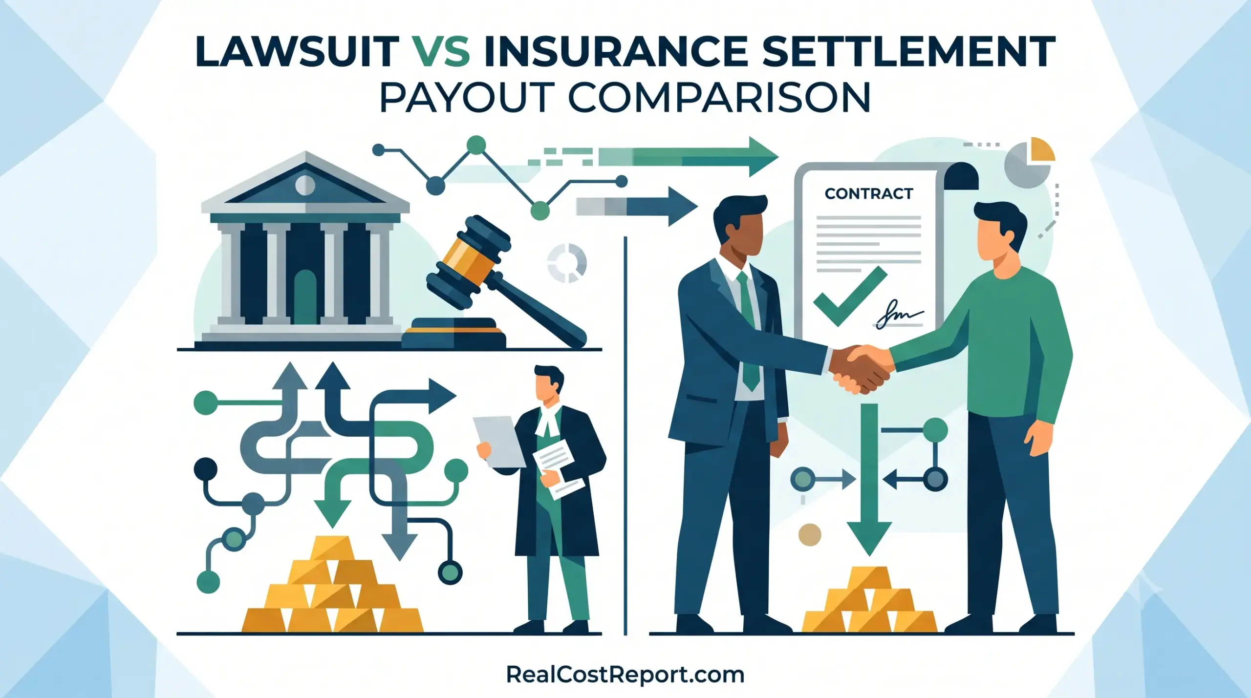 A modern vector illustration comparing legal payouts, with a courthouse and gavel on one side and a contract handshake on the other.